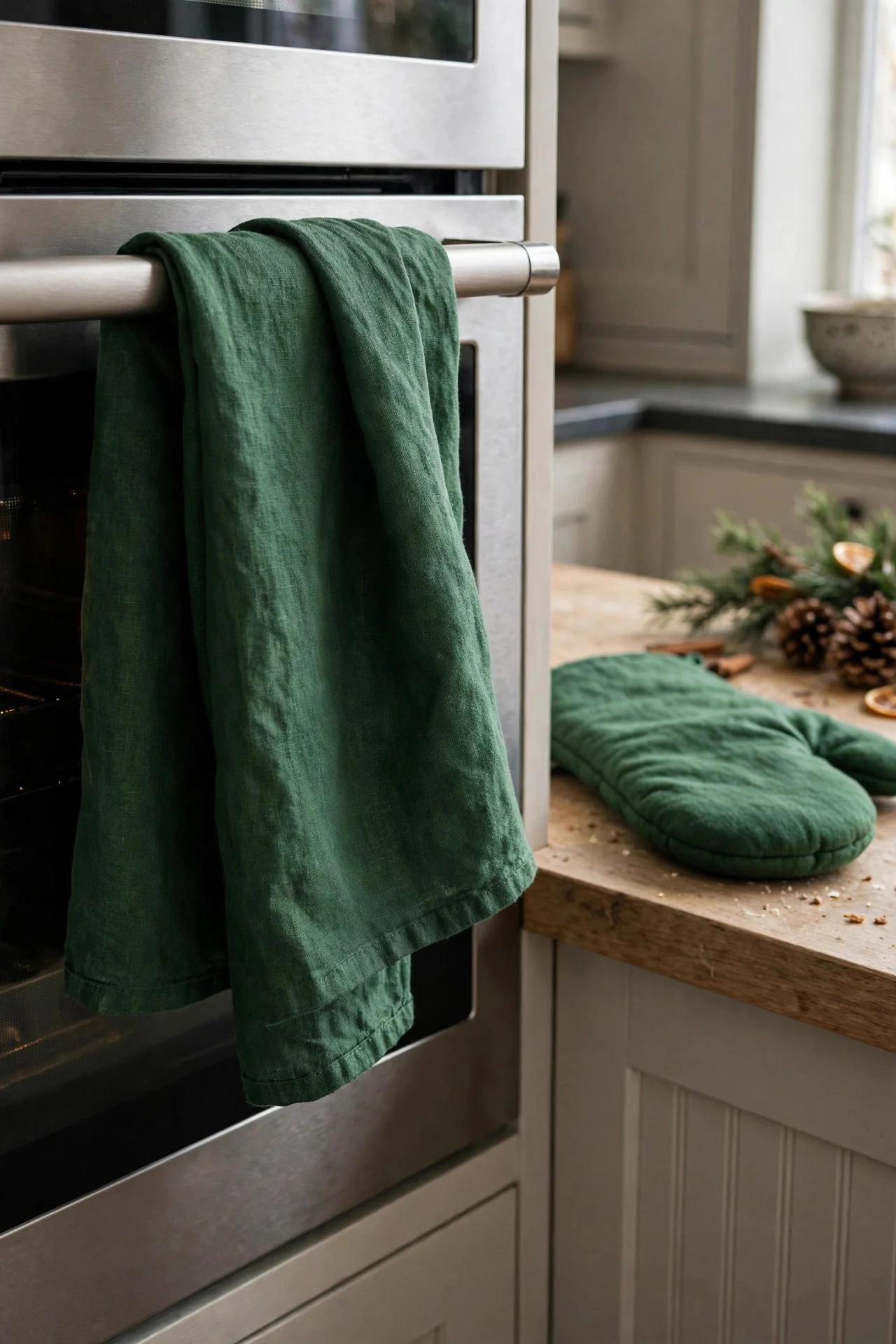 Holiday tea towel on an oven handle