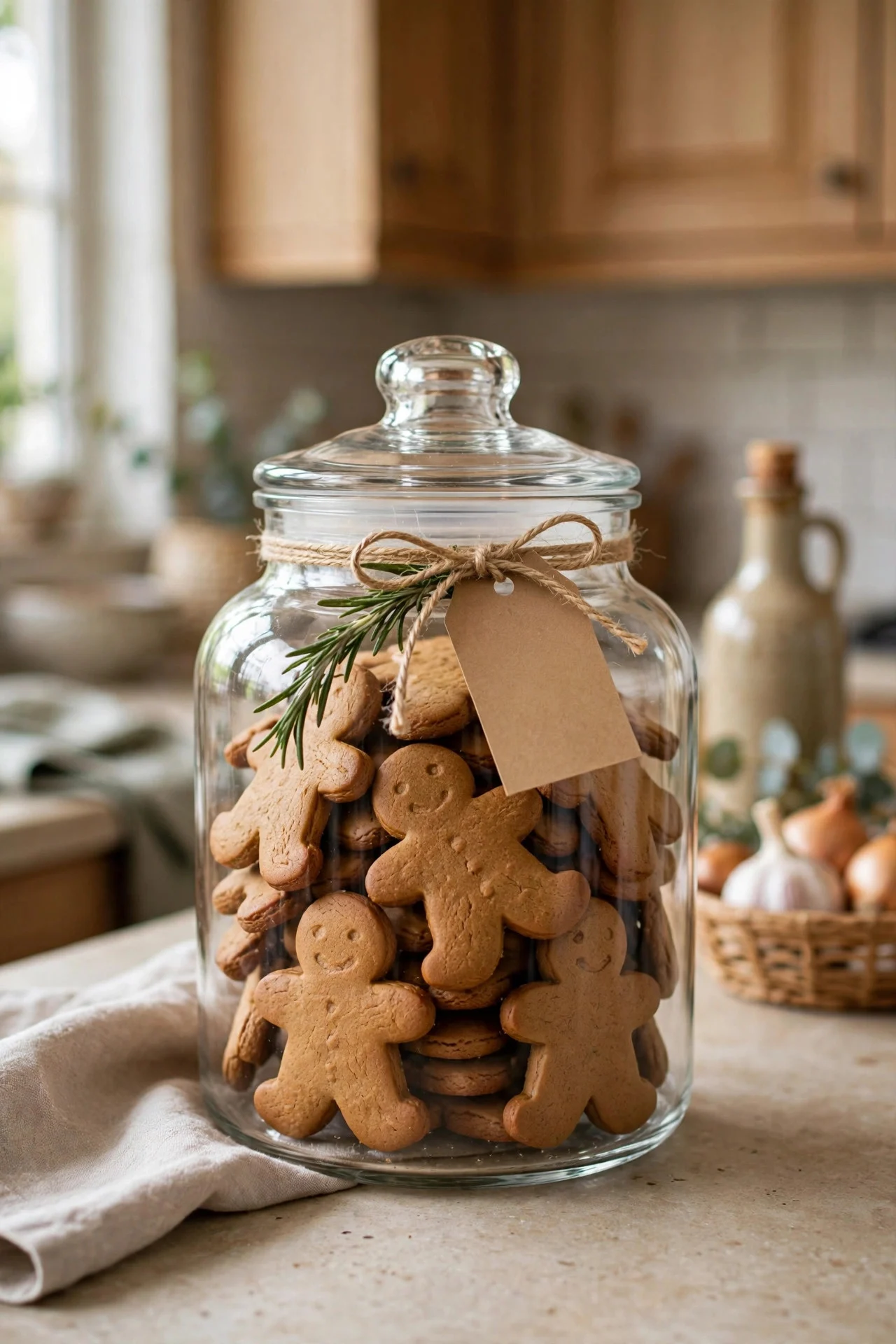 Glass cookie jar filled with Christmas cookies