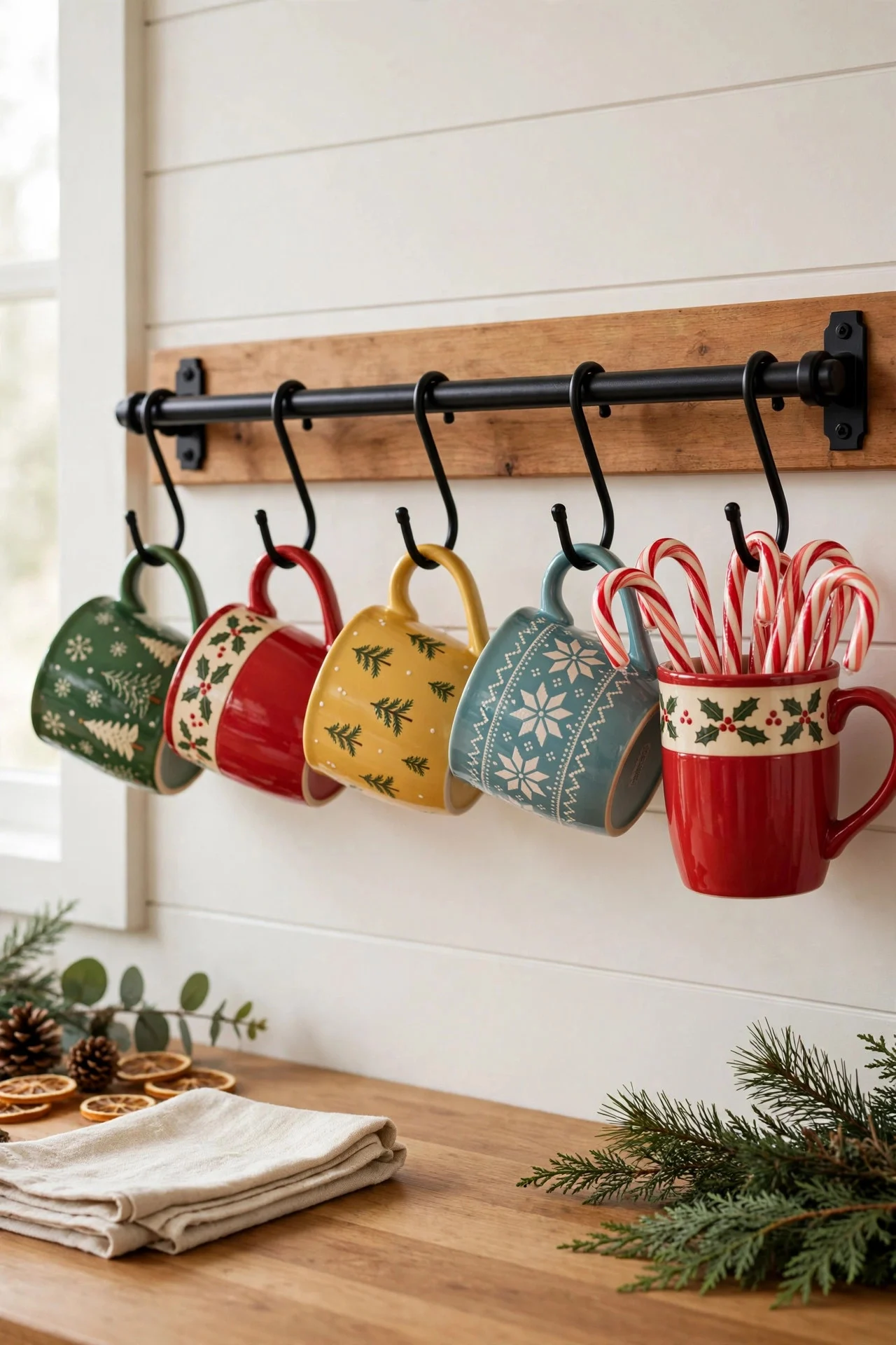 Christmas mugs hanging from a kitchen rail
