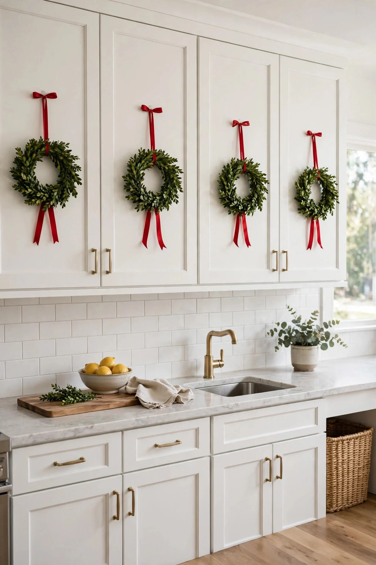 Mini wreaths hanging on kitchen cabinet doors