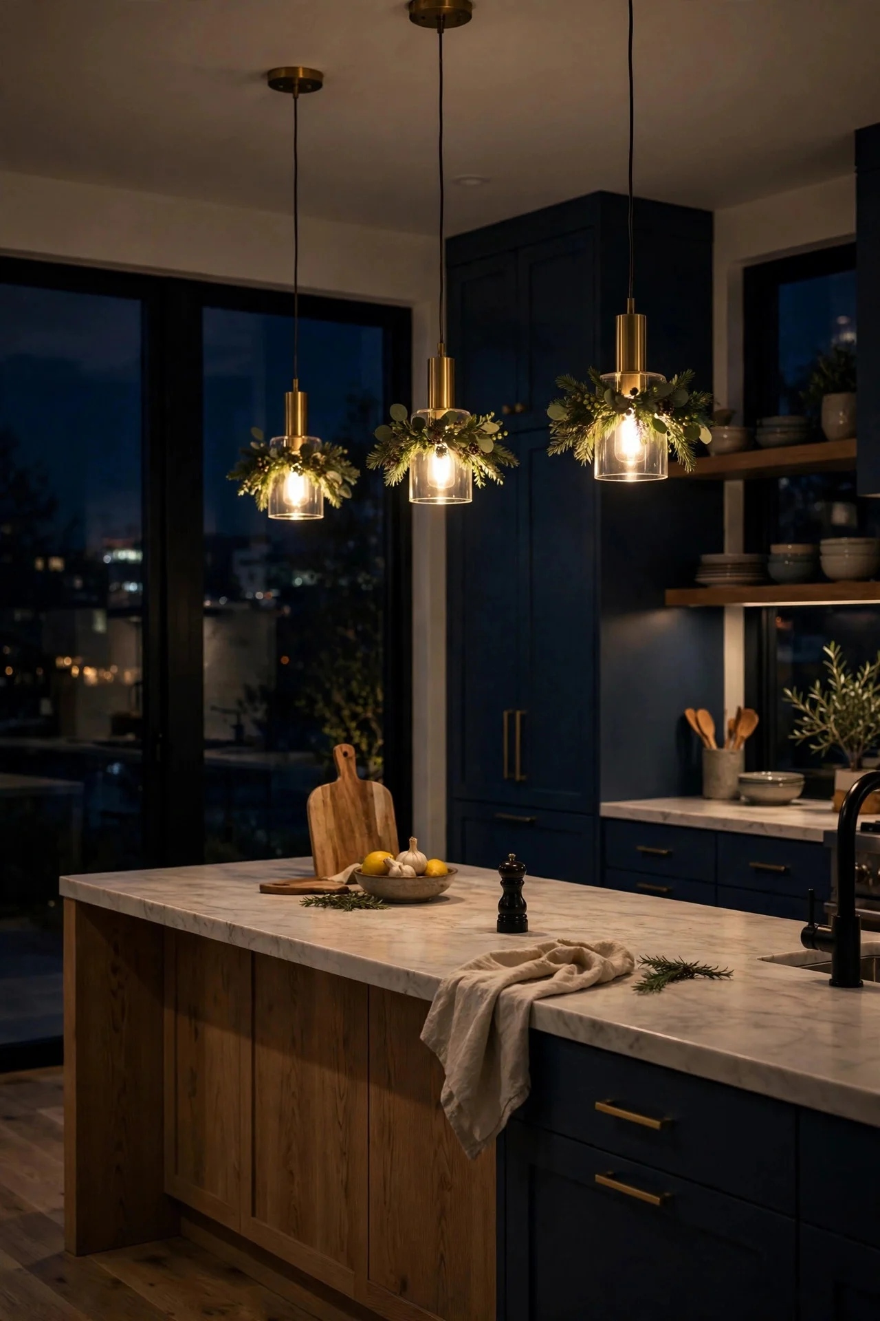 Small wreaths hanging on kitchen pendant lights