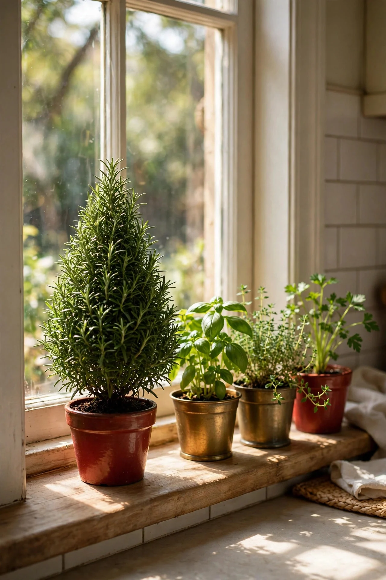 Kitchen herbs in festive holiday pots on a windowsill