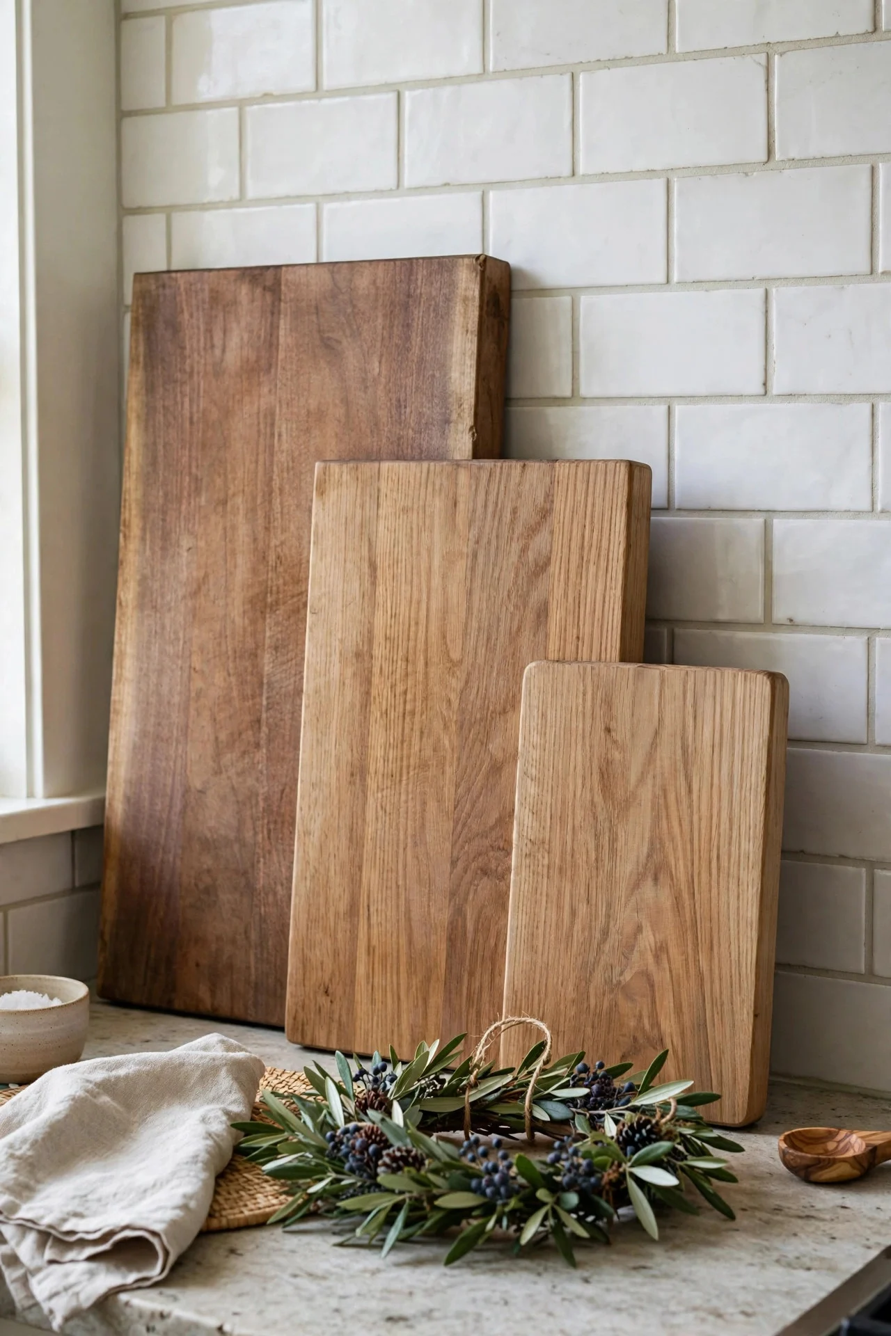 Wooden cutting boards displayed against a backsplash with a wreath