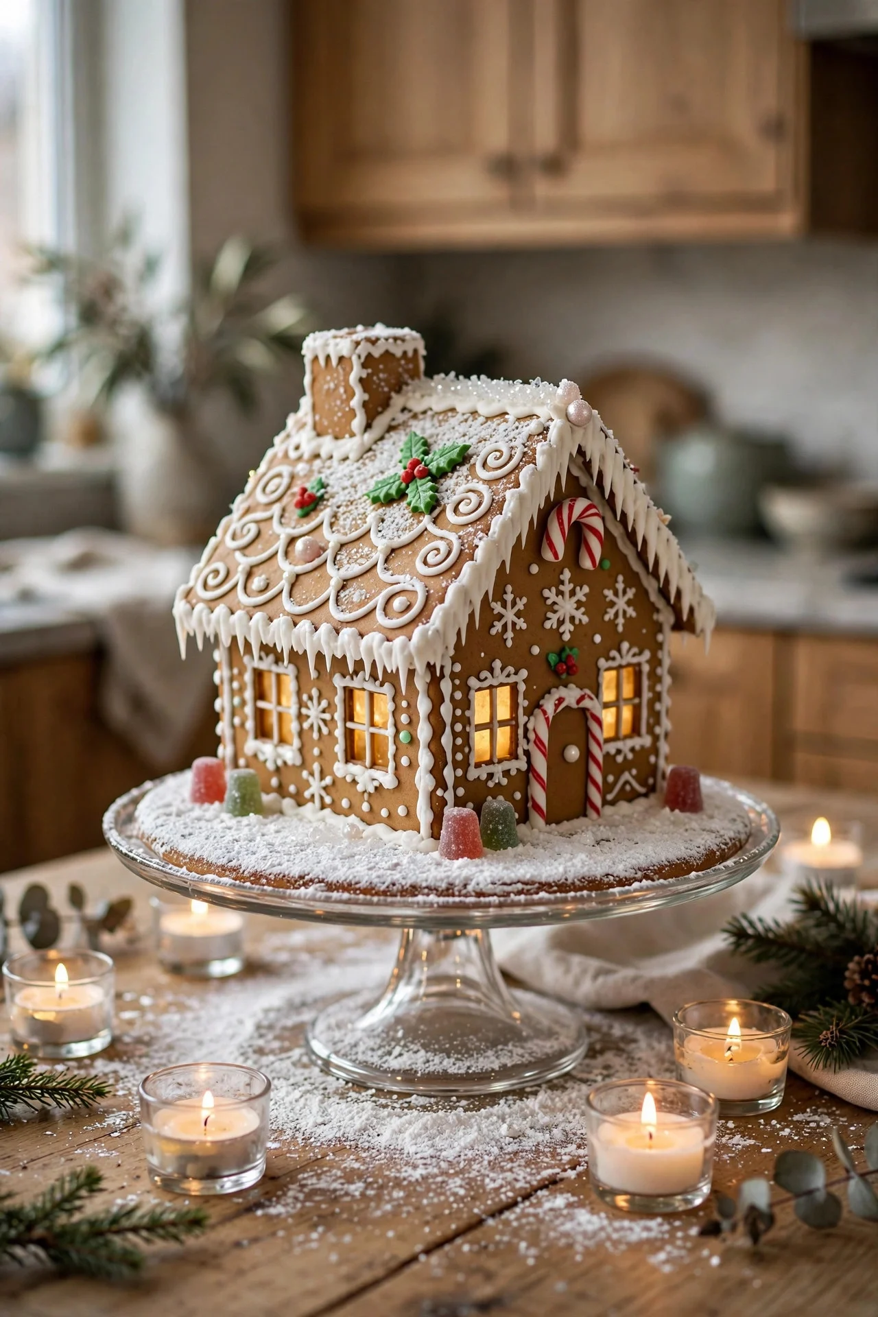 Gingerbread house centerpiece on a kitchen table
