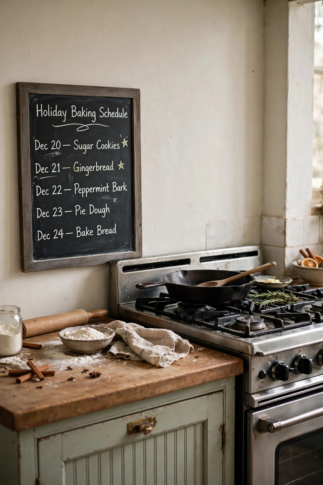 Chalkboard with a holiday menu near a kitchen stove