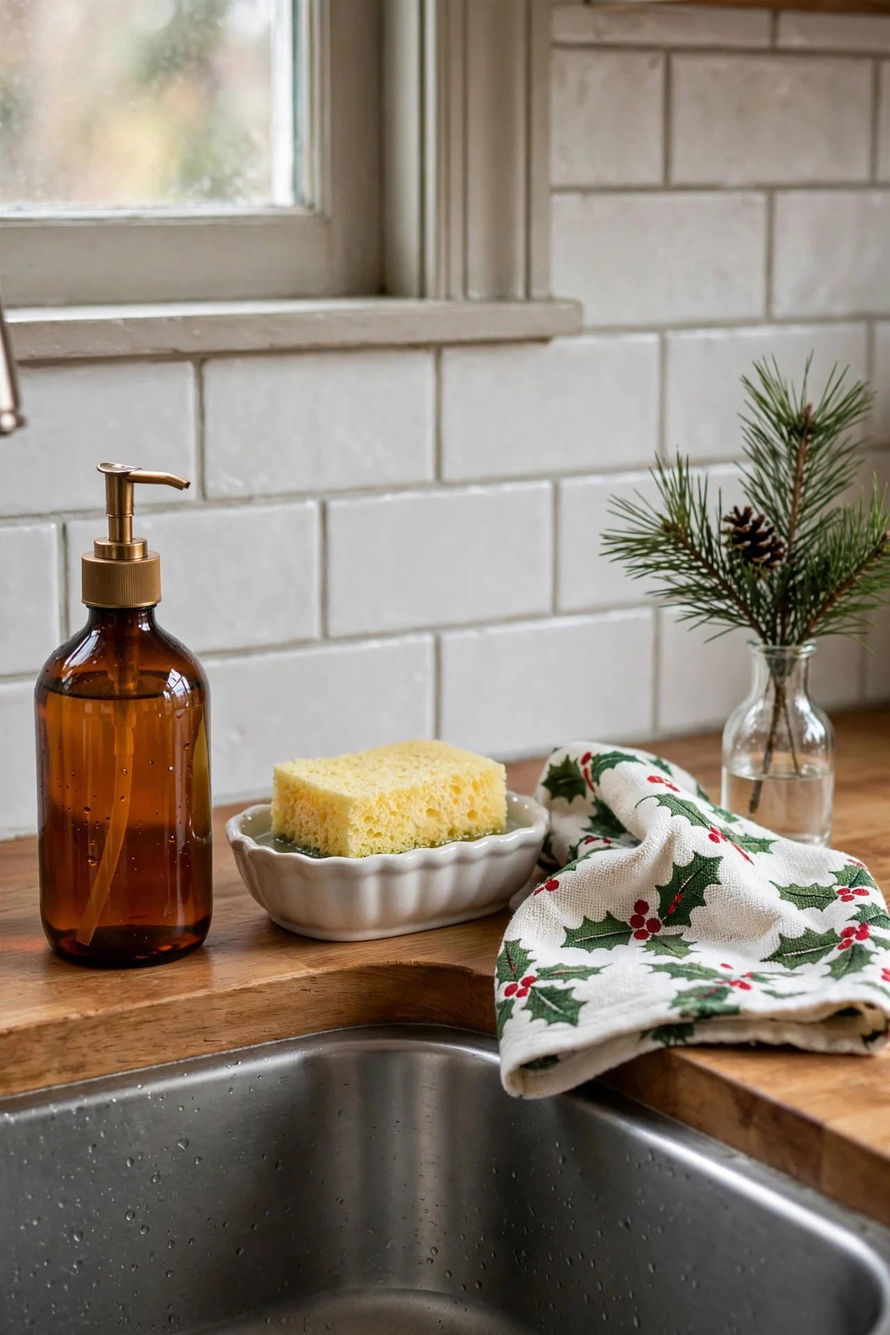 Festive sink station with soap bottle and pine sprig