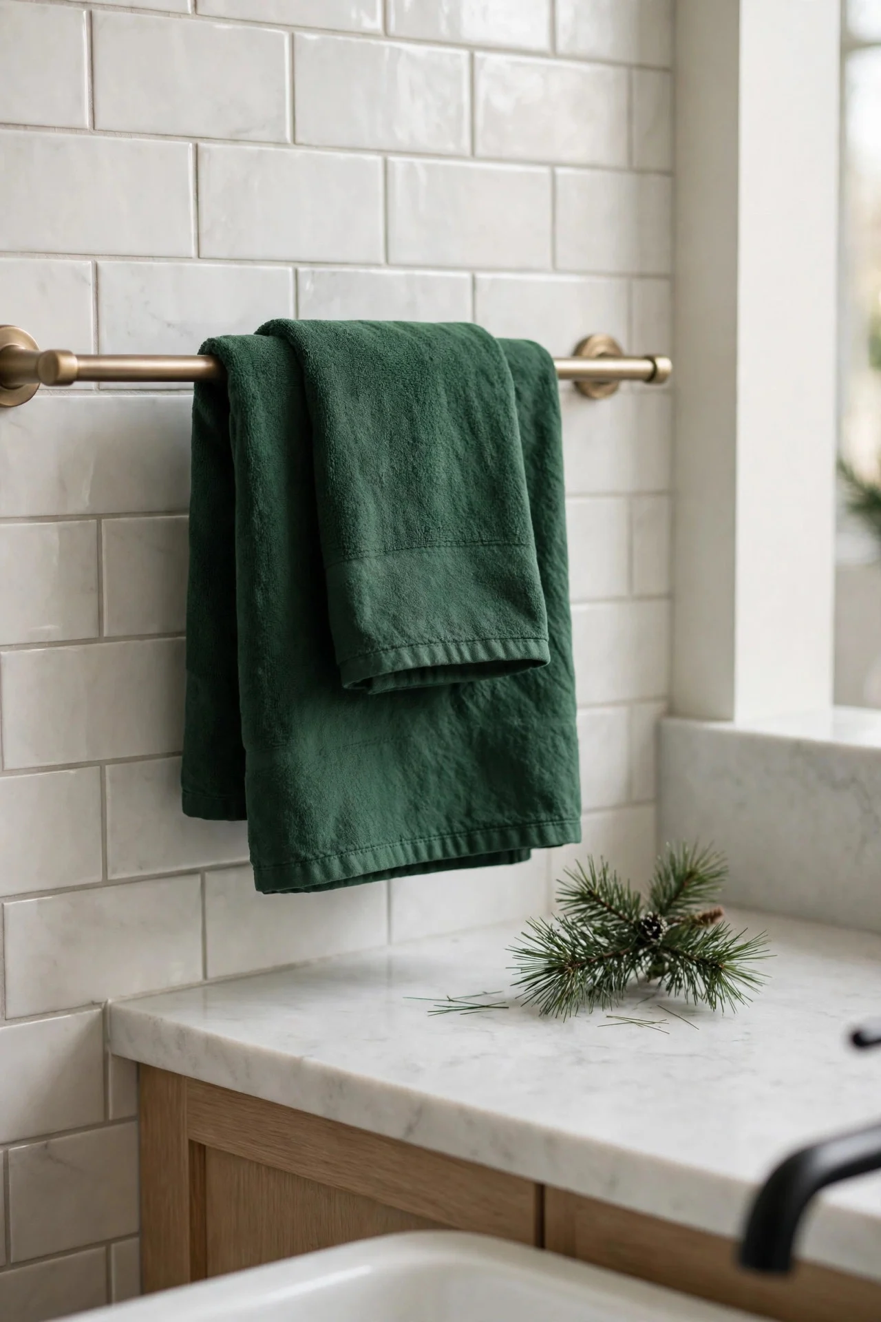 Holiday hand towel folded on a bathroom towel bar