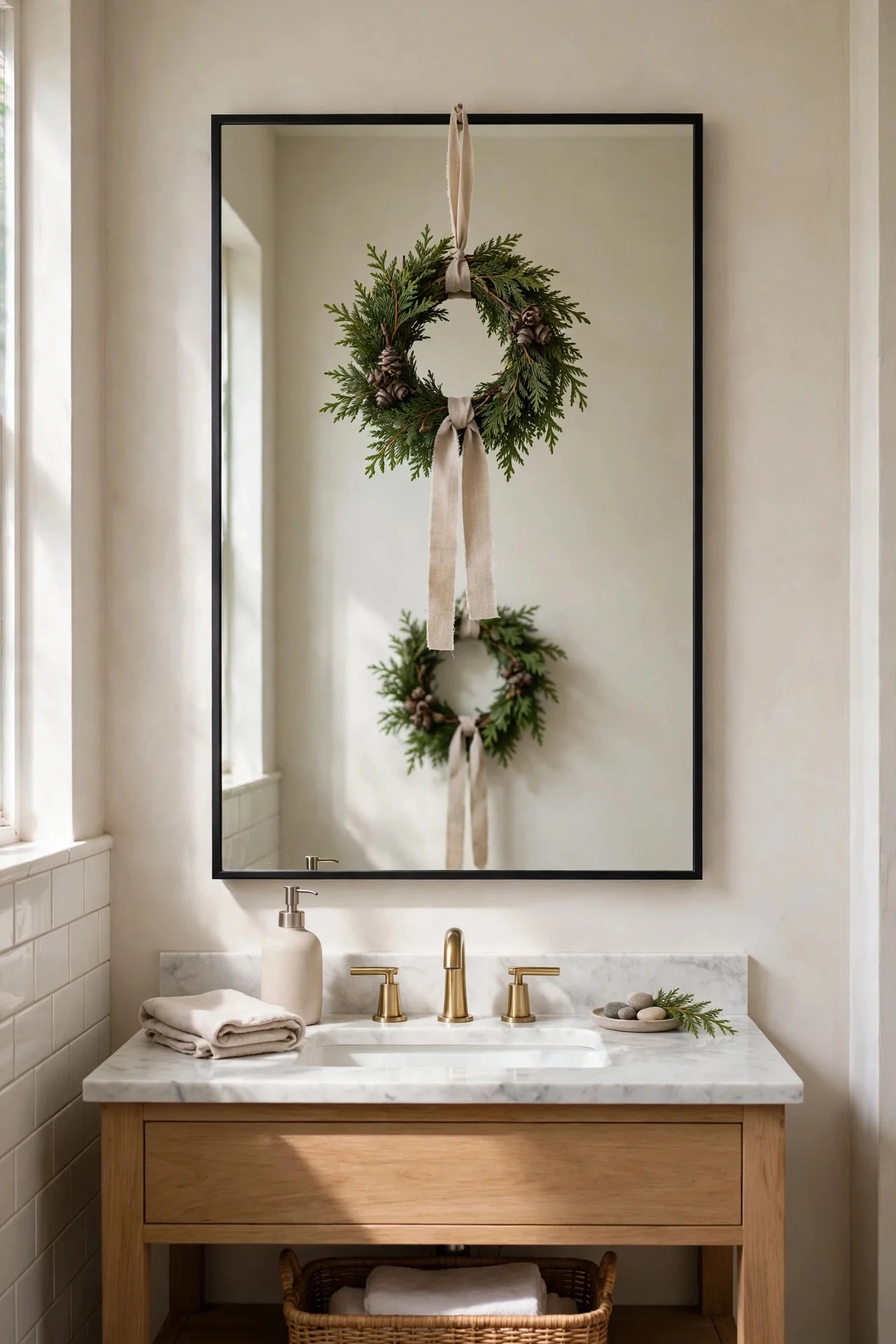 Mini wreath hanging on a bathroom mirror