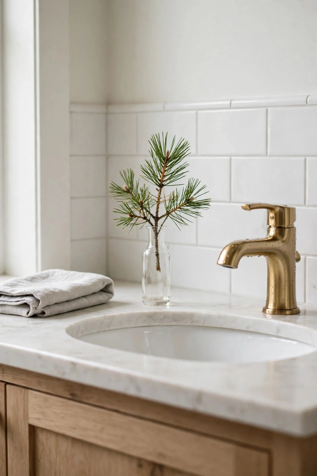 Pine sprig in a bud vase on a bathroom vanity