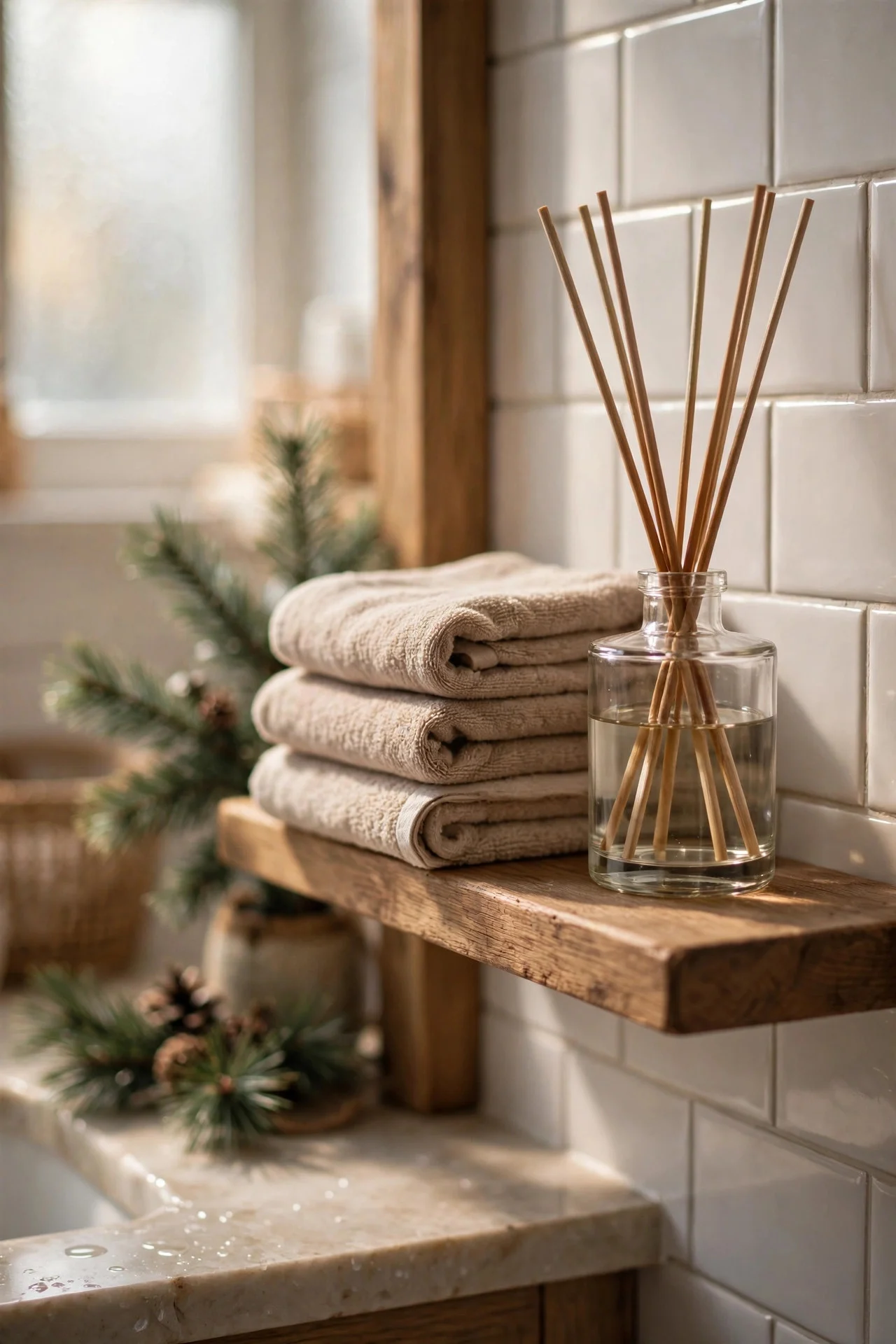Reed diffuser with pine scent on a bathroom shelf