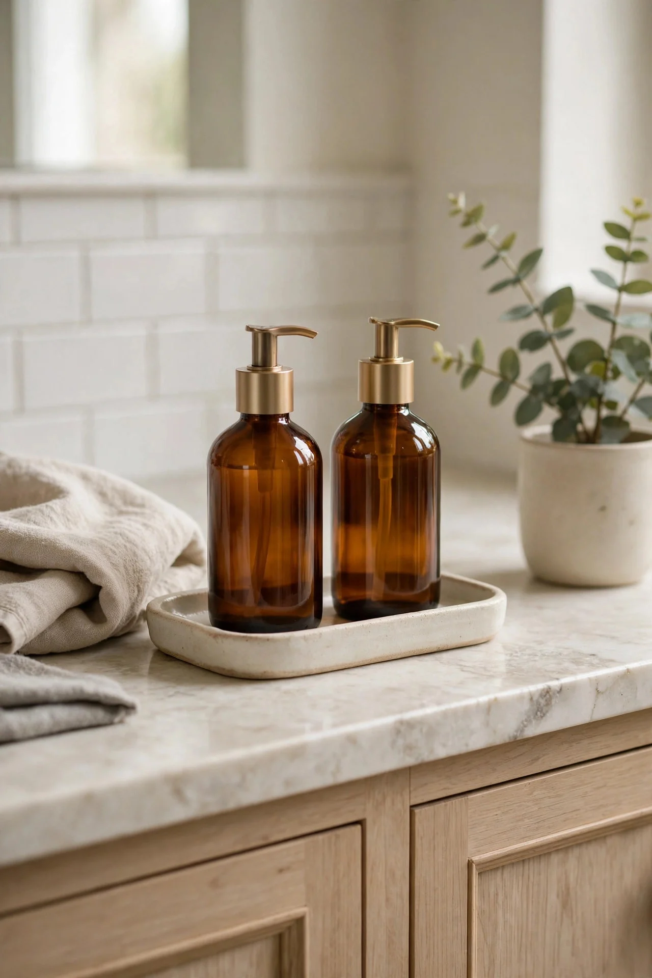 Decanted soap and lotion in amber bottles on a vanity tray