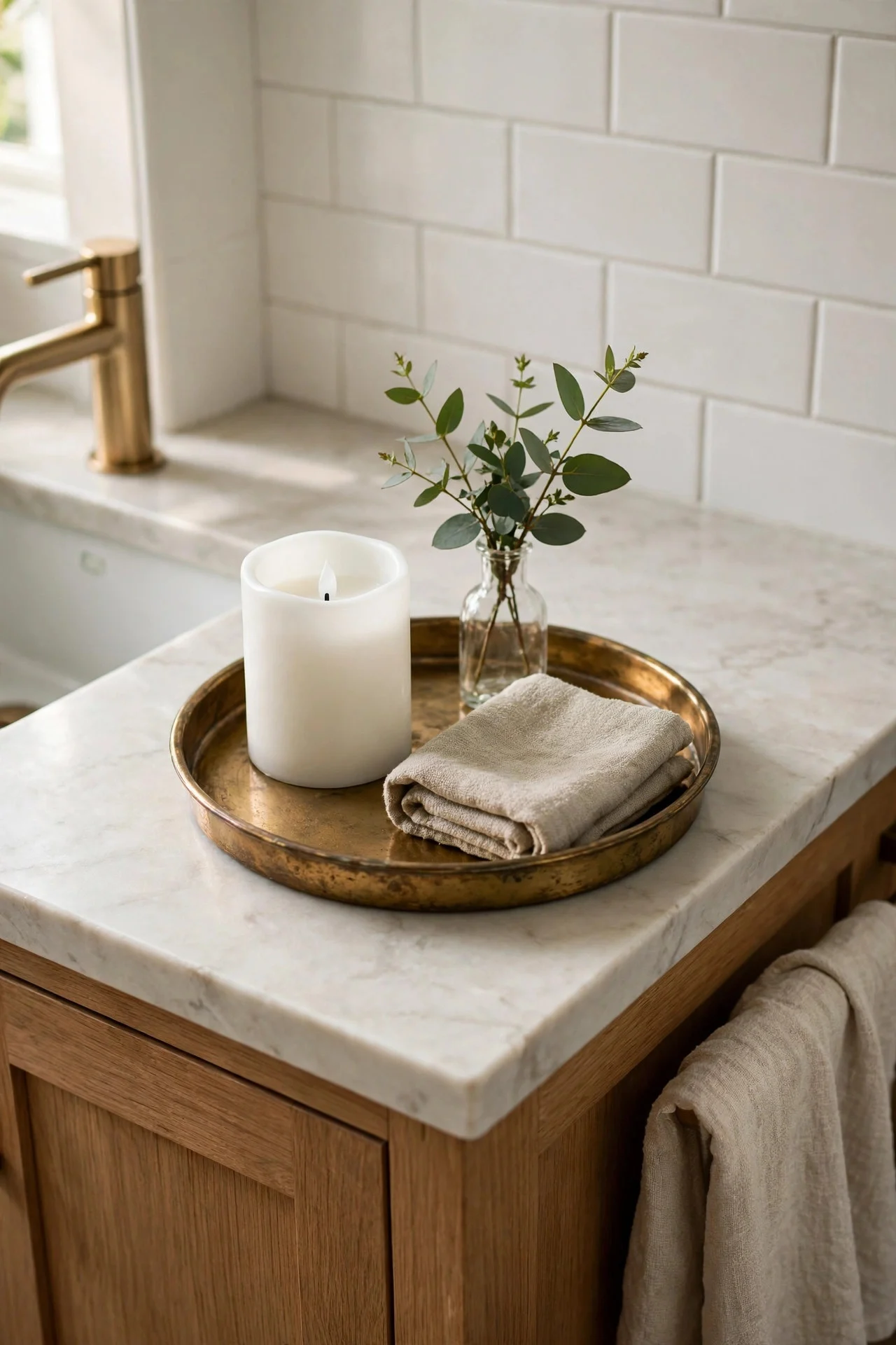 Vanity vignette tray with candle and bud vase