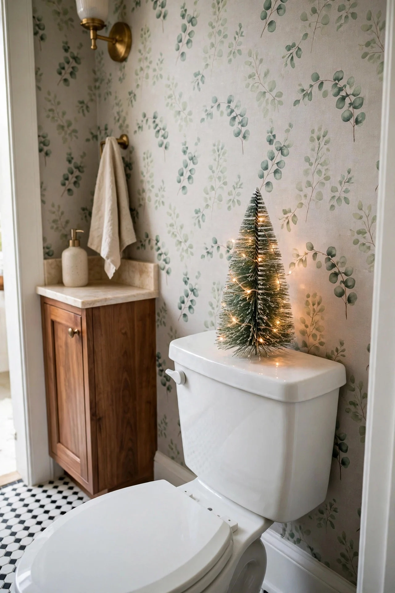 Tiny Christmas tree on a toilet tank