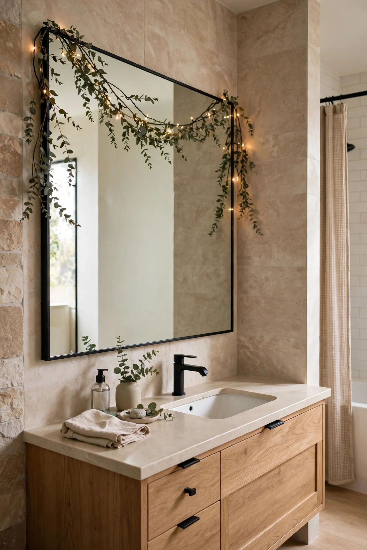 Garland swag draped across the top of a bathroom mirror