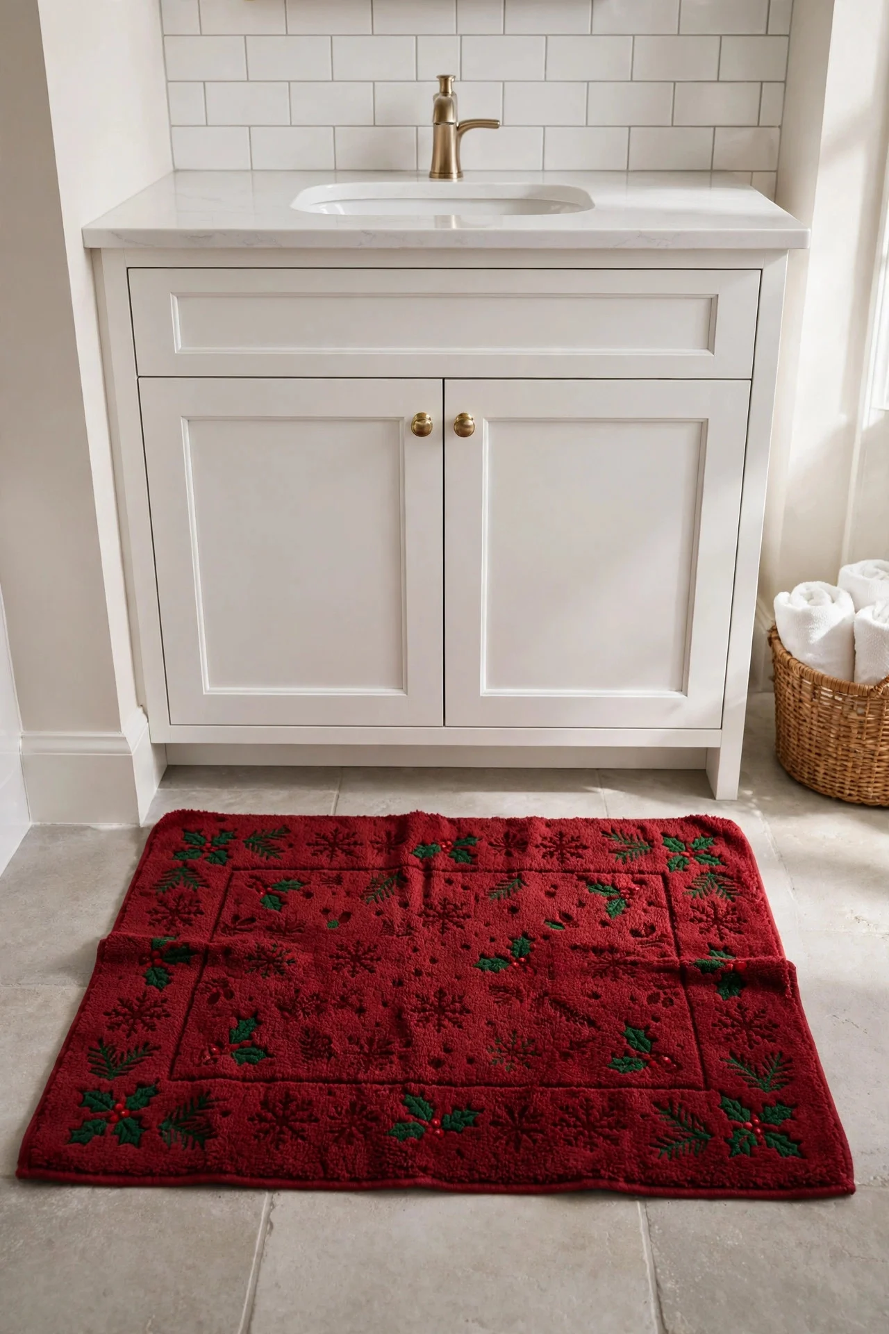 Festive red bath mat in a bathroom