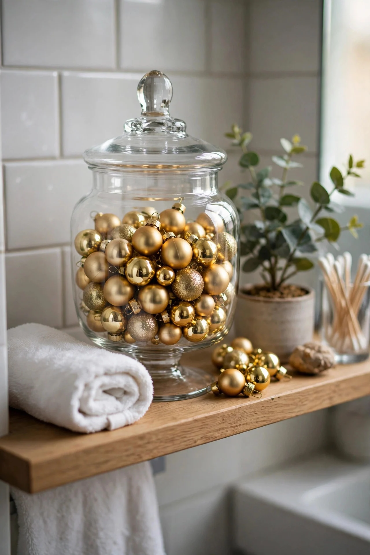 Apothecary jar filled with gold ornaments on a bathroom shelf