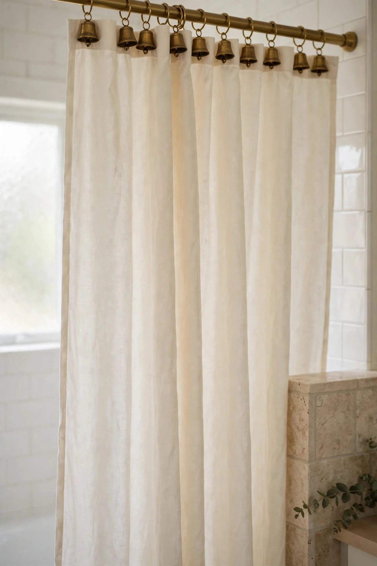 Brass bell shower curtain rings on a cream curtain