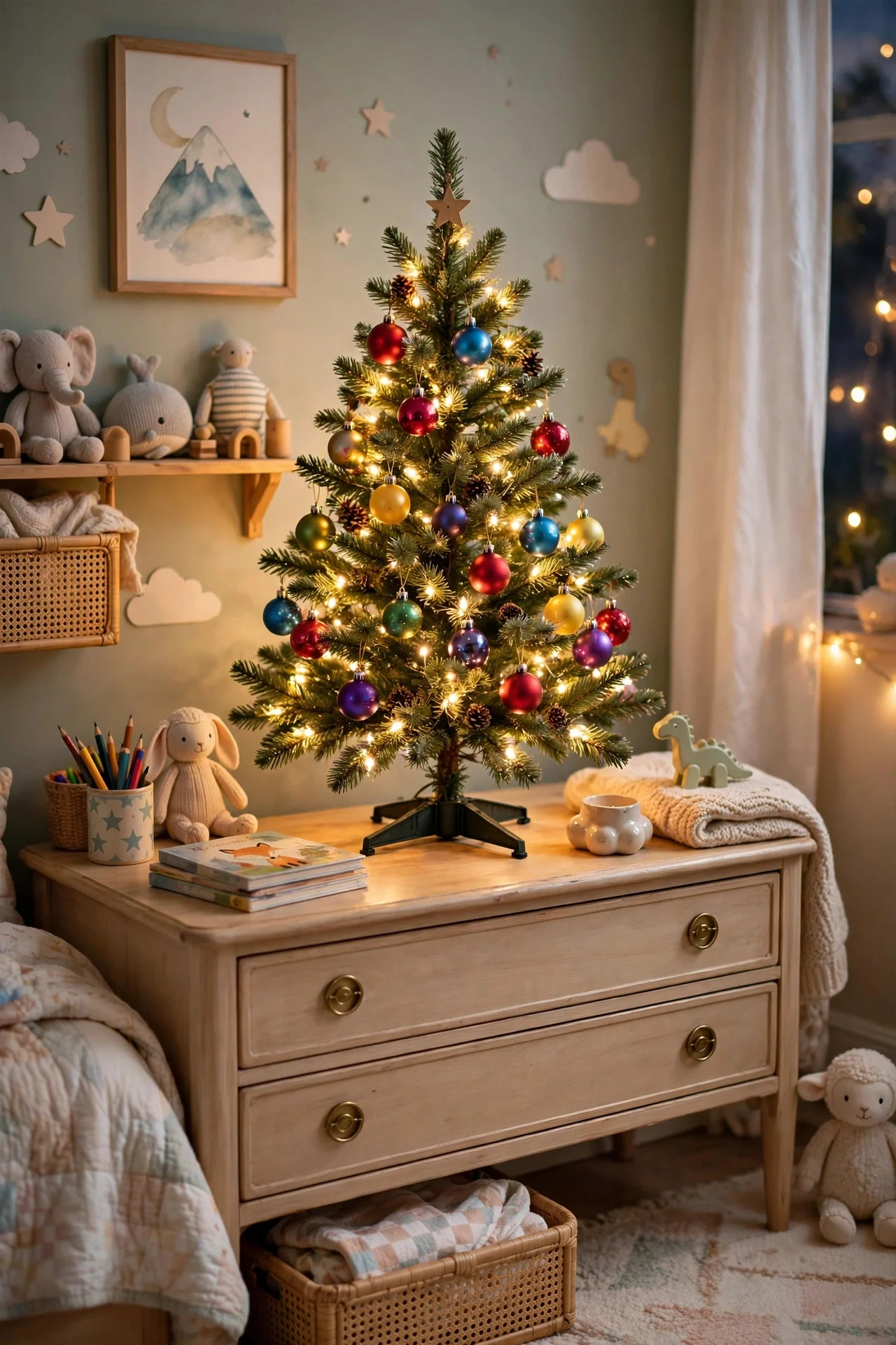 Mini pre-lit Christmas tree with shatterproof ornaments on a kid's dresser