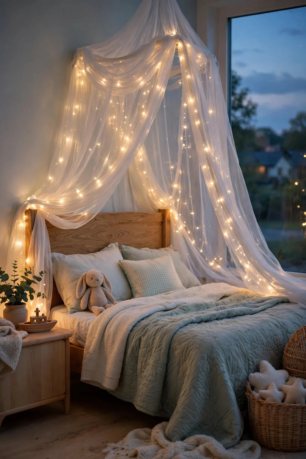 Twinkle-light canopy glowing over a child's bed at bedtime