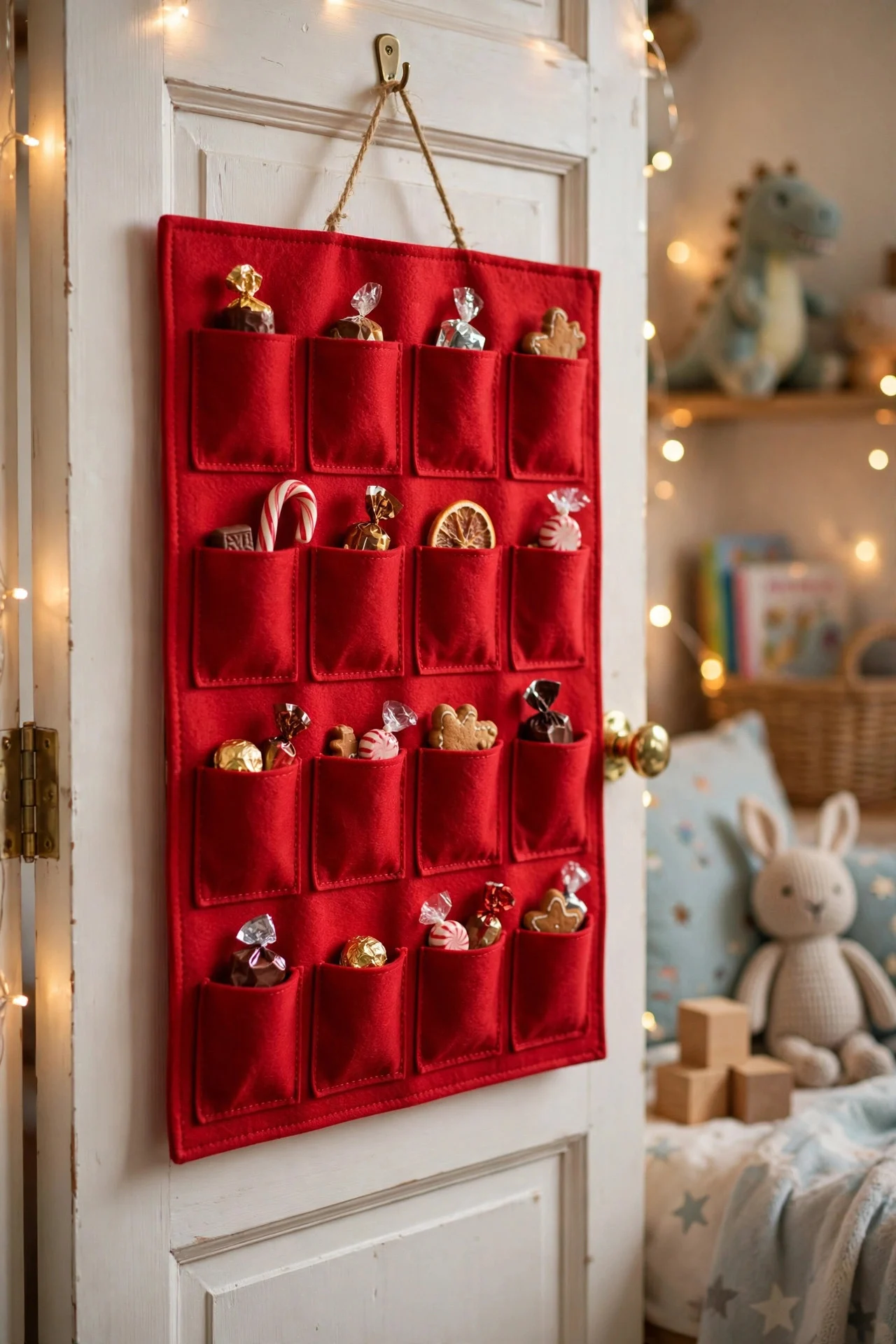 Felt advent calendar with 24 pockets hanging on a bedroom door