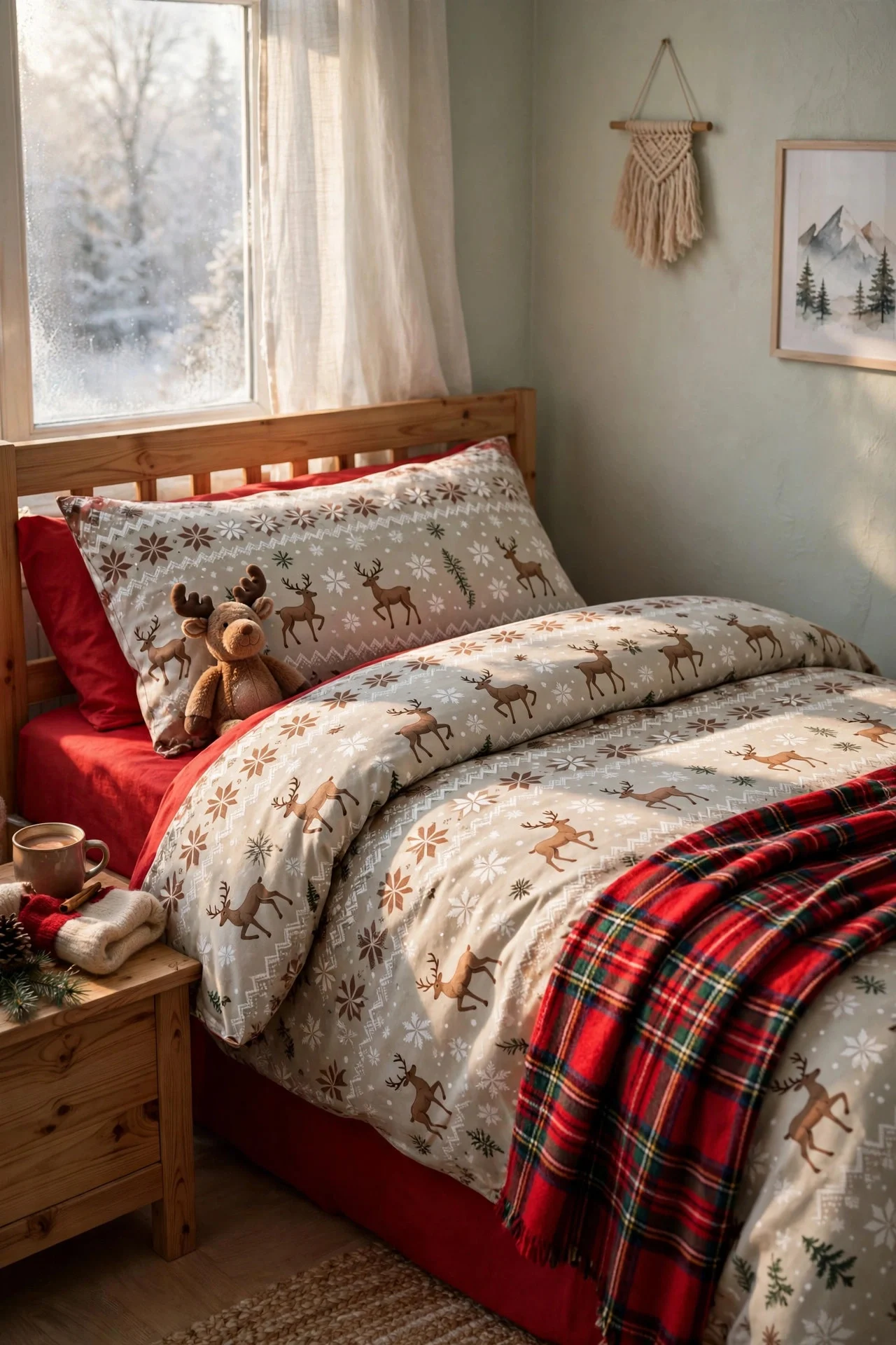 Kid's bed with Christmas flannel reindeer bedding and plaid throw
