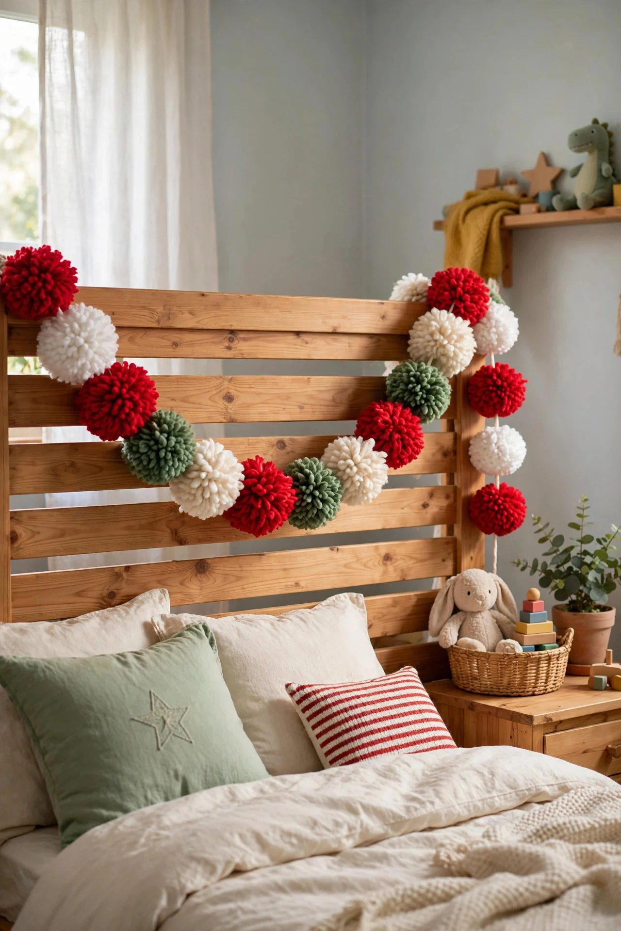 Pom-pom garland in Christmas colors draped across a headboard