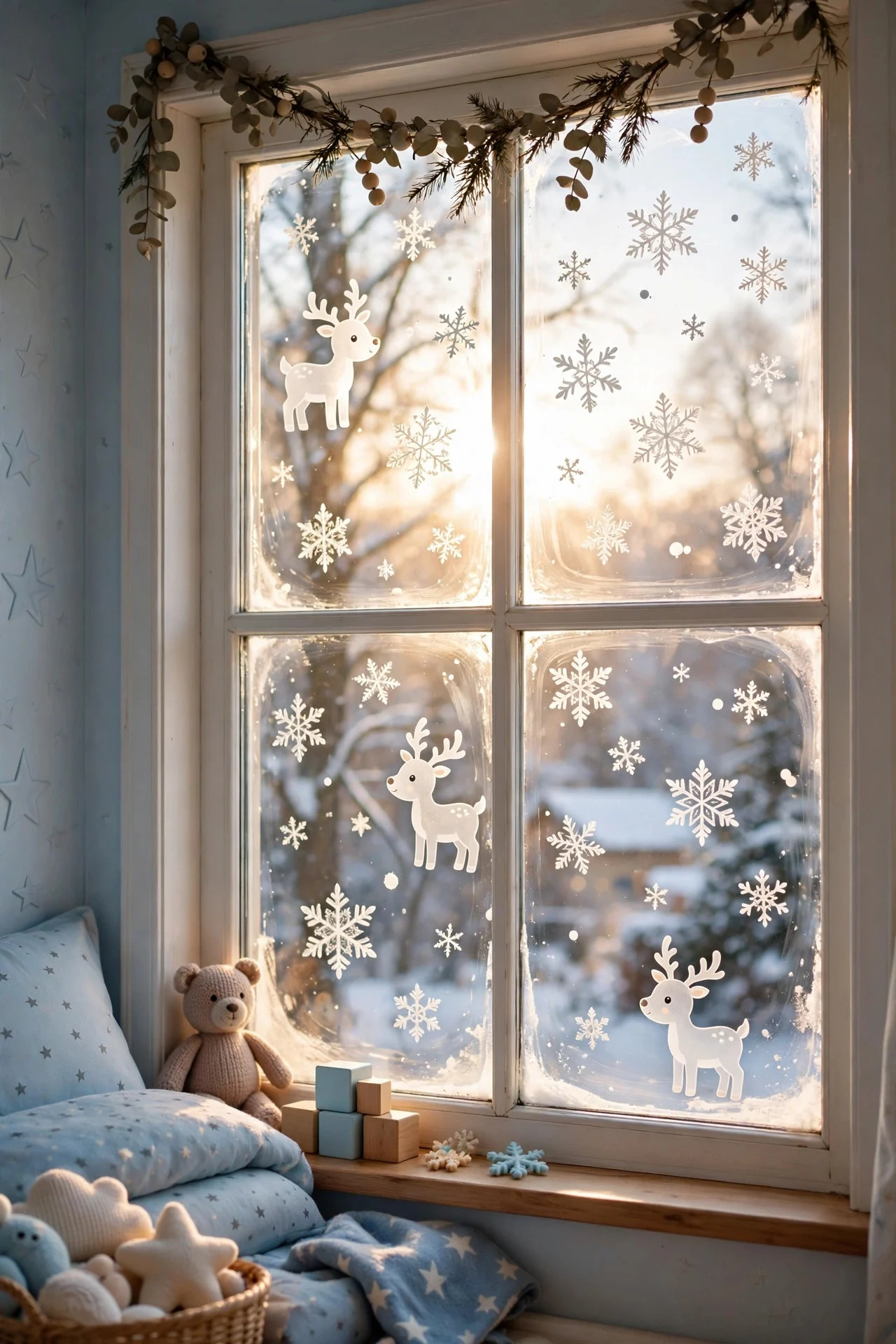 Christmas window clings with snowflakes on a kid's bedroom window