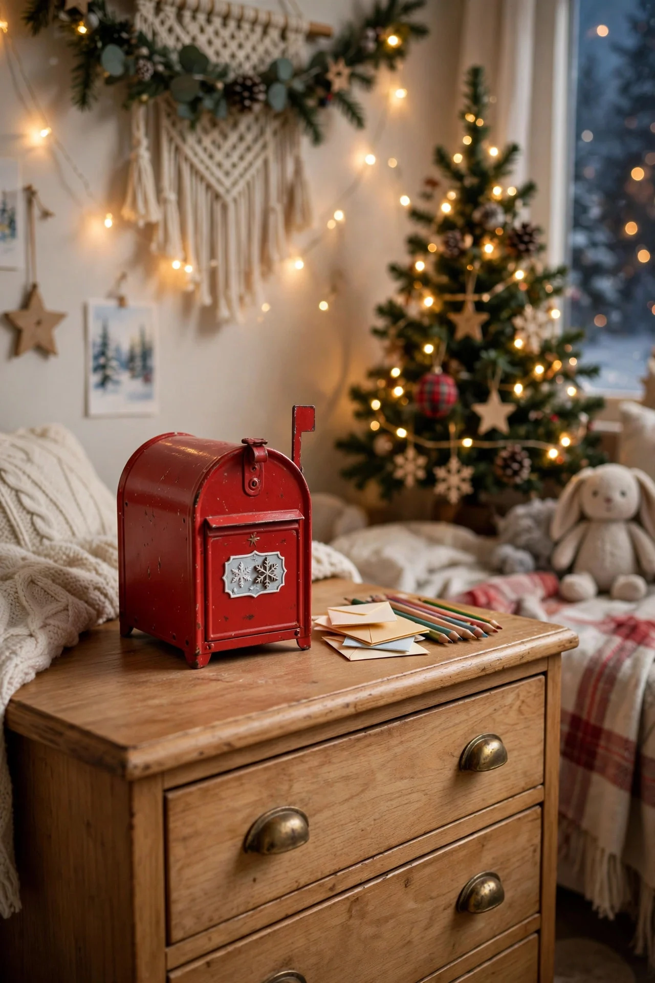 Mini red North Pole mailbox for Santa letters on a dresser