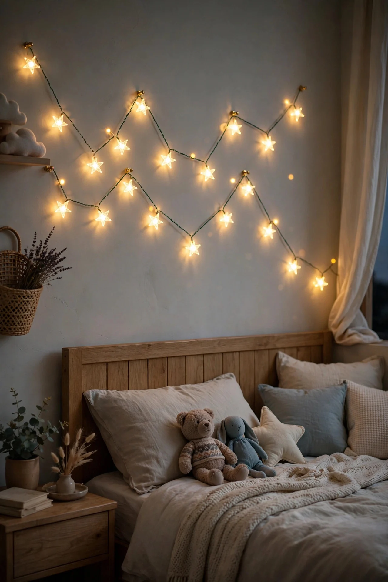 Star-shaped string lights glowing on a kid's bedroom wall