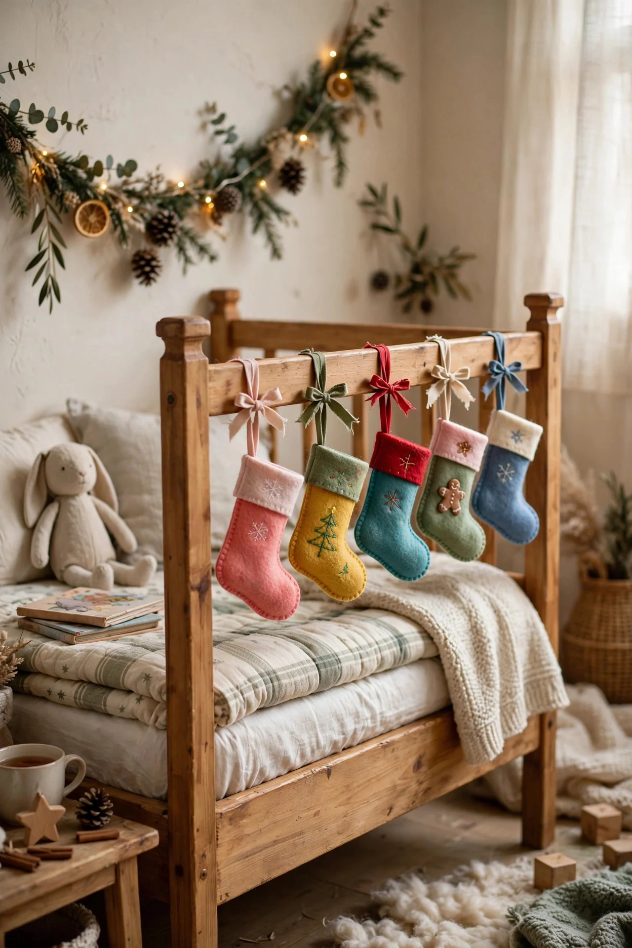 Mini felt stockings hung along a child's bed frame