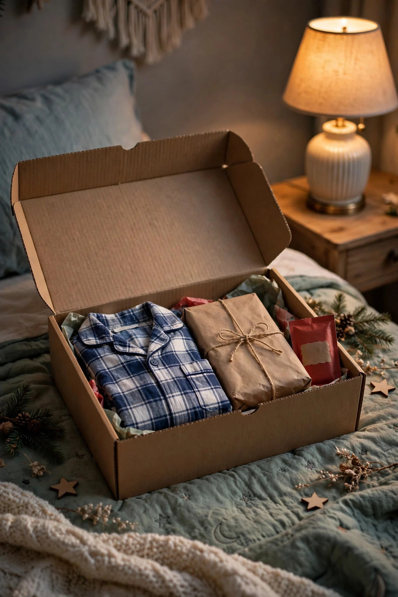 Christmas Eve box with pajamas, book, and cocoa on a bed