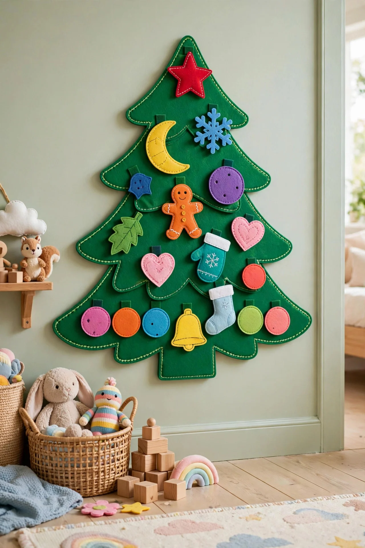 Felt Christmas tree with Velcro ornaments on a toddler's bedroom wall