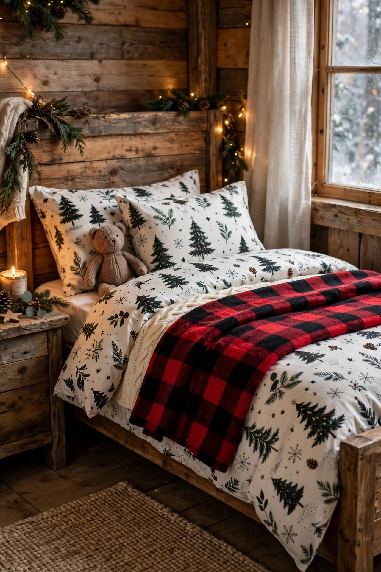 Buffalo plaid throw layered at the foot of a kid's Christmas bed