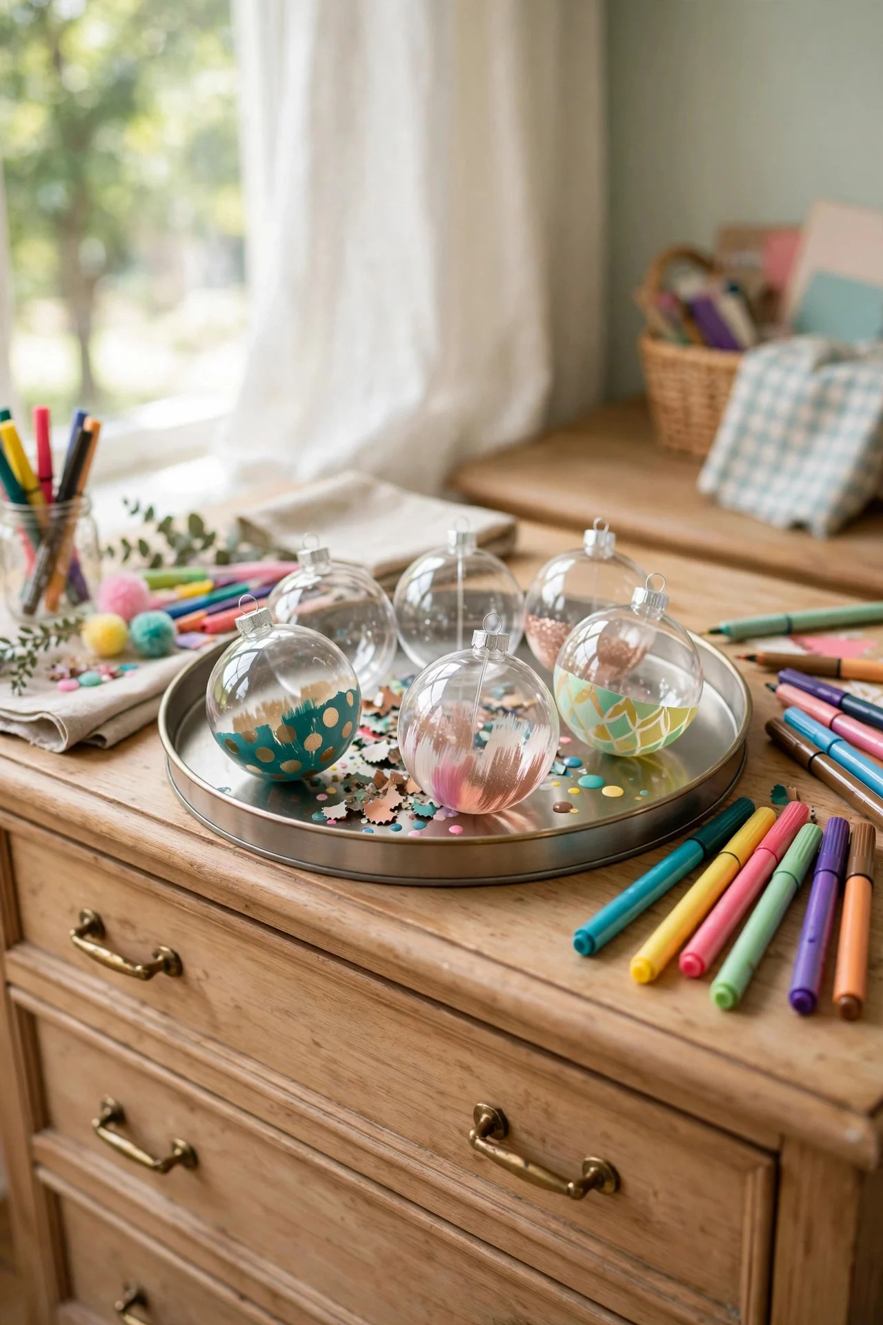 DIY ornament craft corner with clear ornaments and paint pens