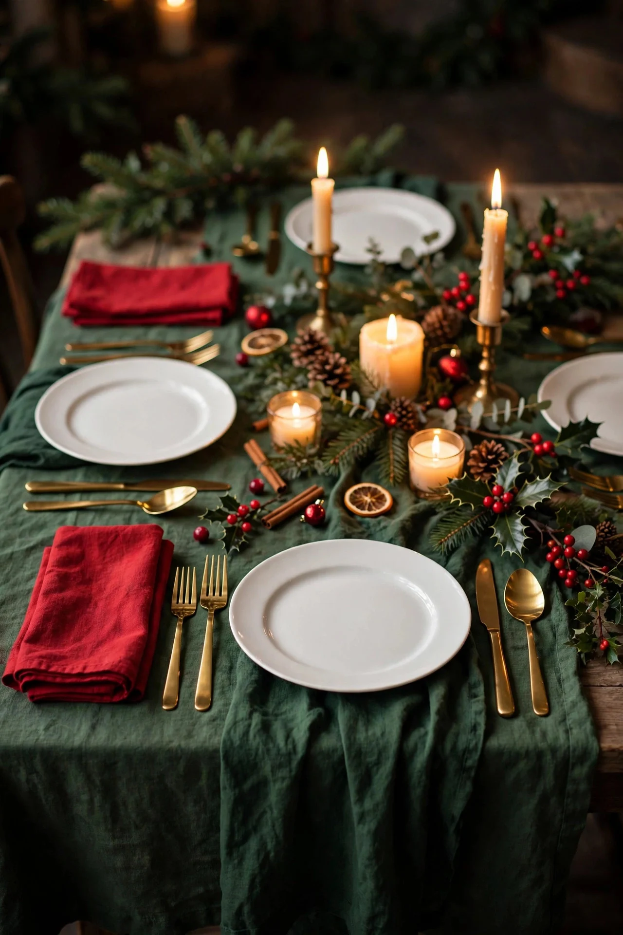 Classic red and green Christmas table with linen tablecloth