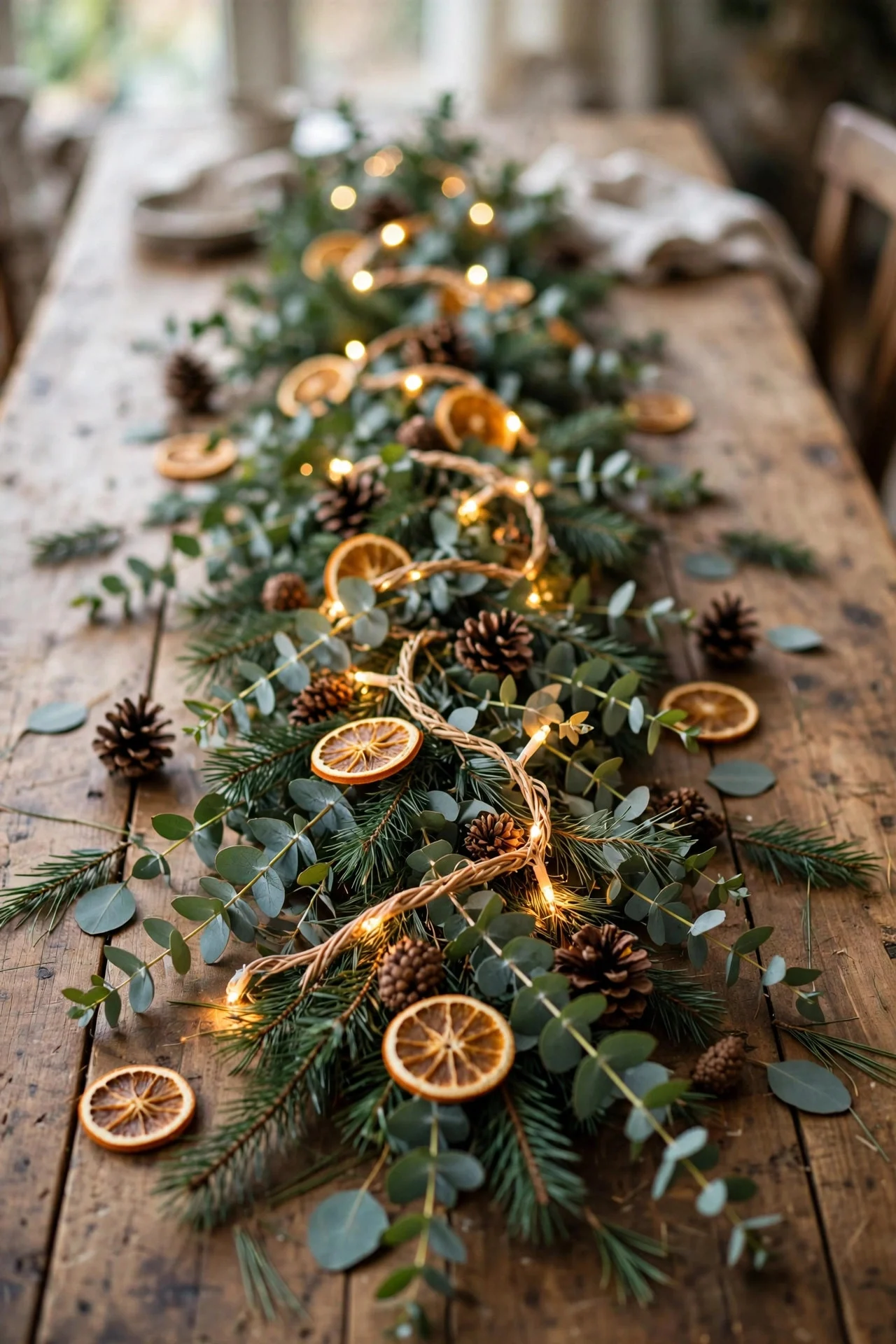 Eucalyptus garland centerpiece runner with fairy lights on dining table