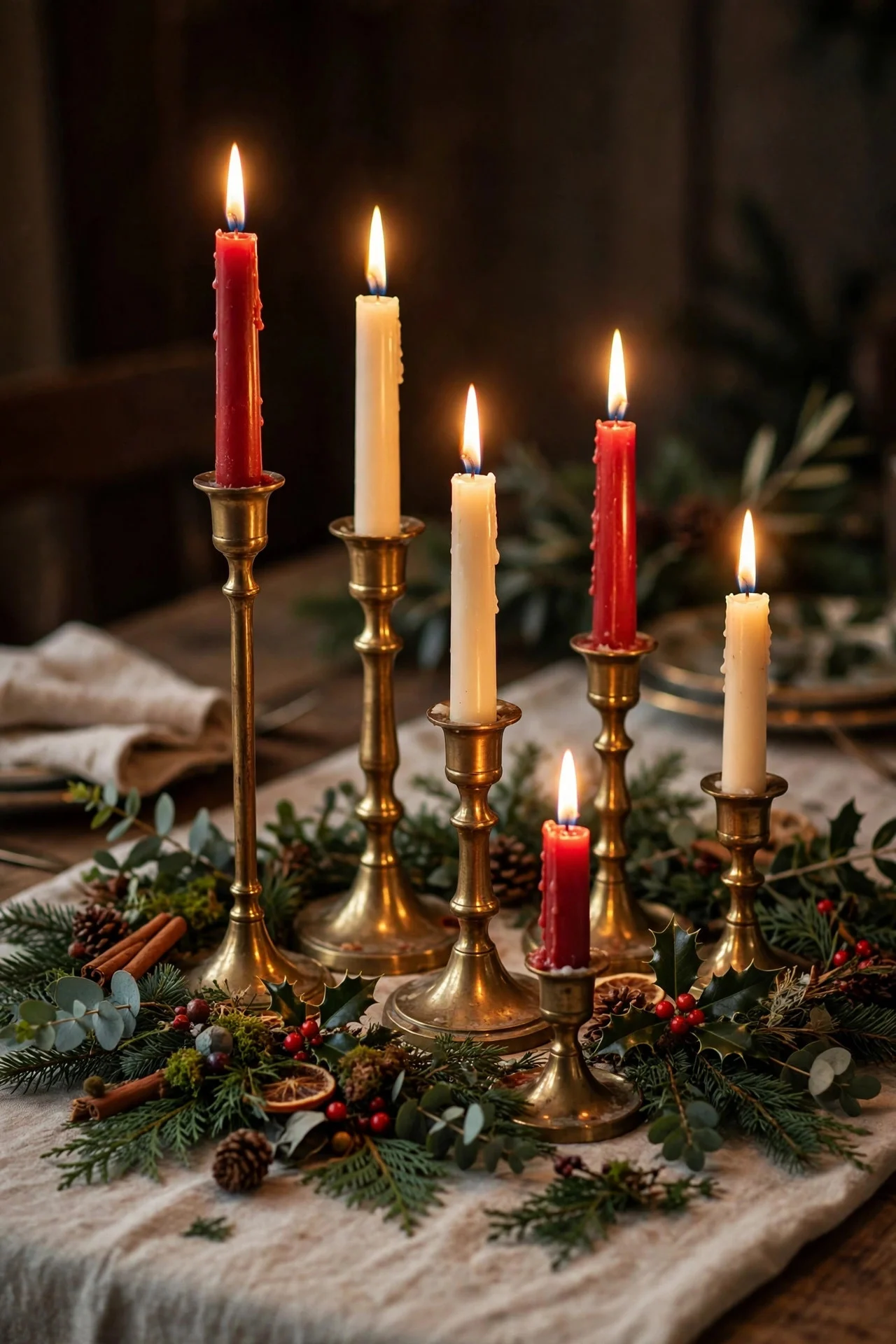 Brass candlesticks with tapers at mixed heights on Christmas table