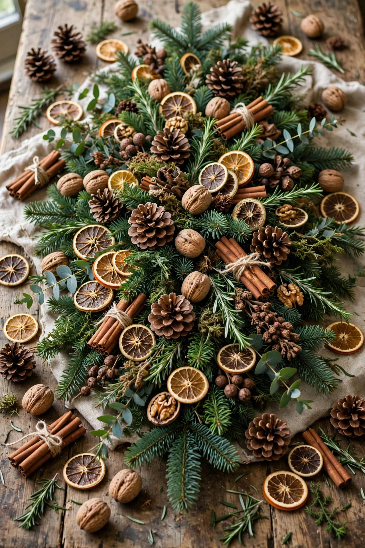 Scattered pinecones, dried oranges, and cinnamon on Christmas table