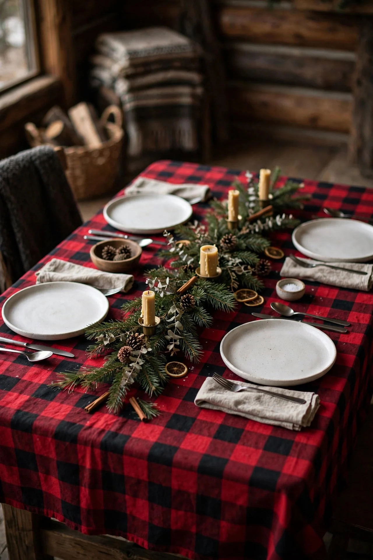 Buffalo plaid tablecloth with white plates for Christmas dinner