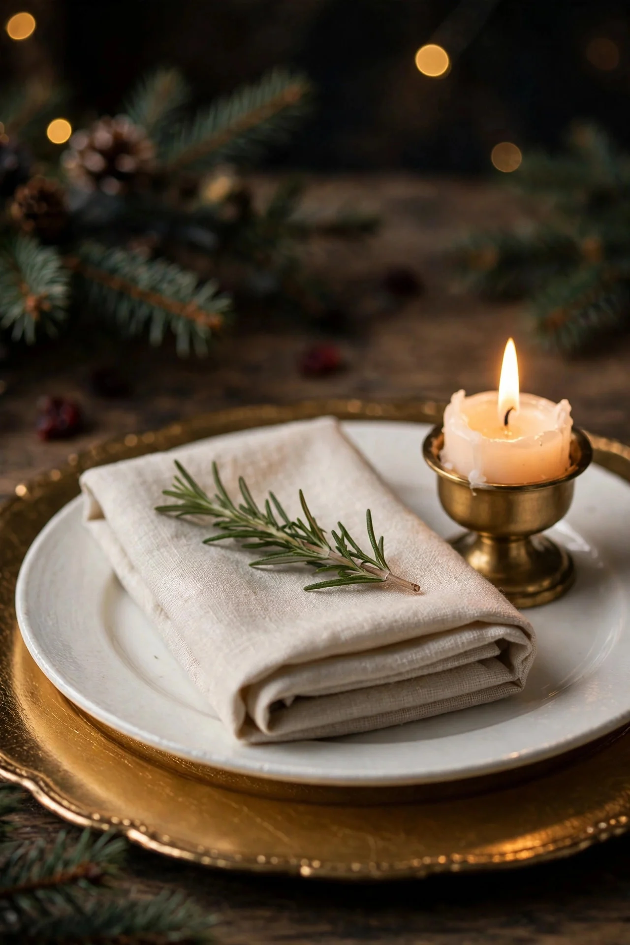 Layered place setting with gold charger and rosemary garnish