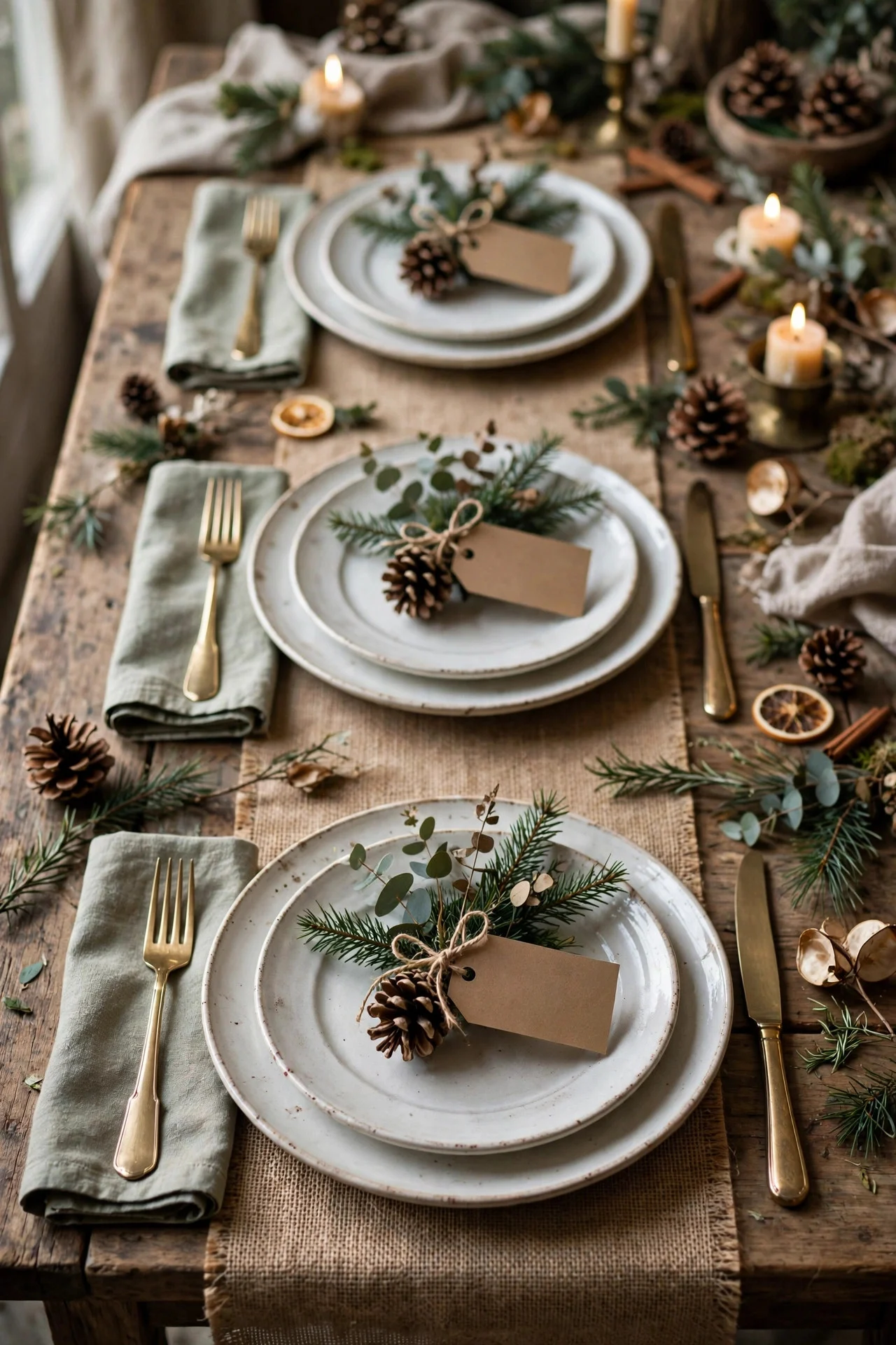 Pinecone place cards with kraft tags at Christmas dinner table