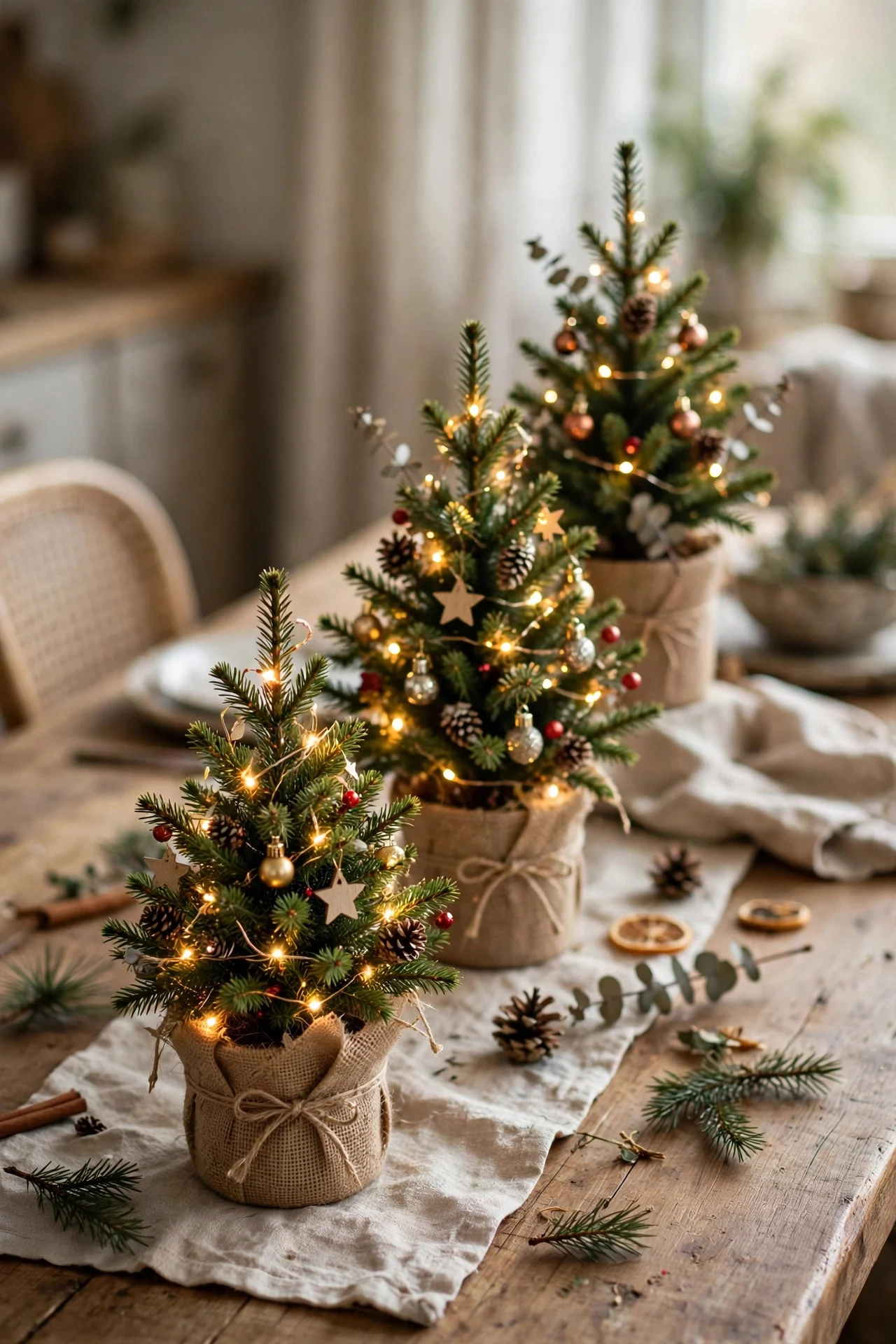 Trio of mini tabletop Christmas trees as dining centerpiece