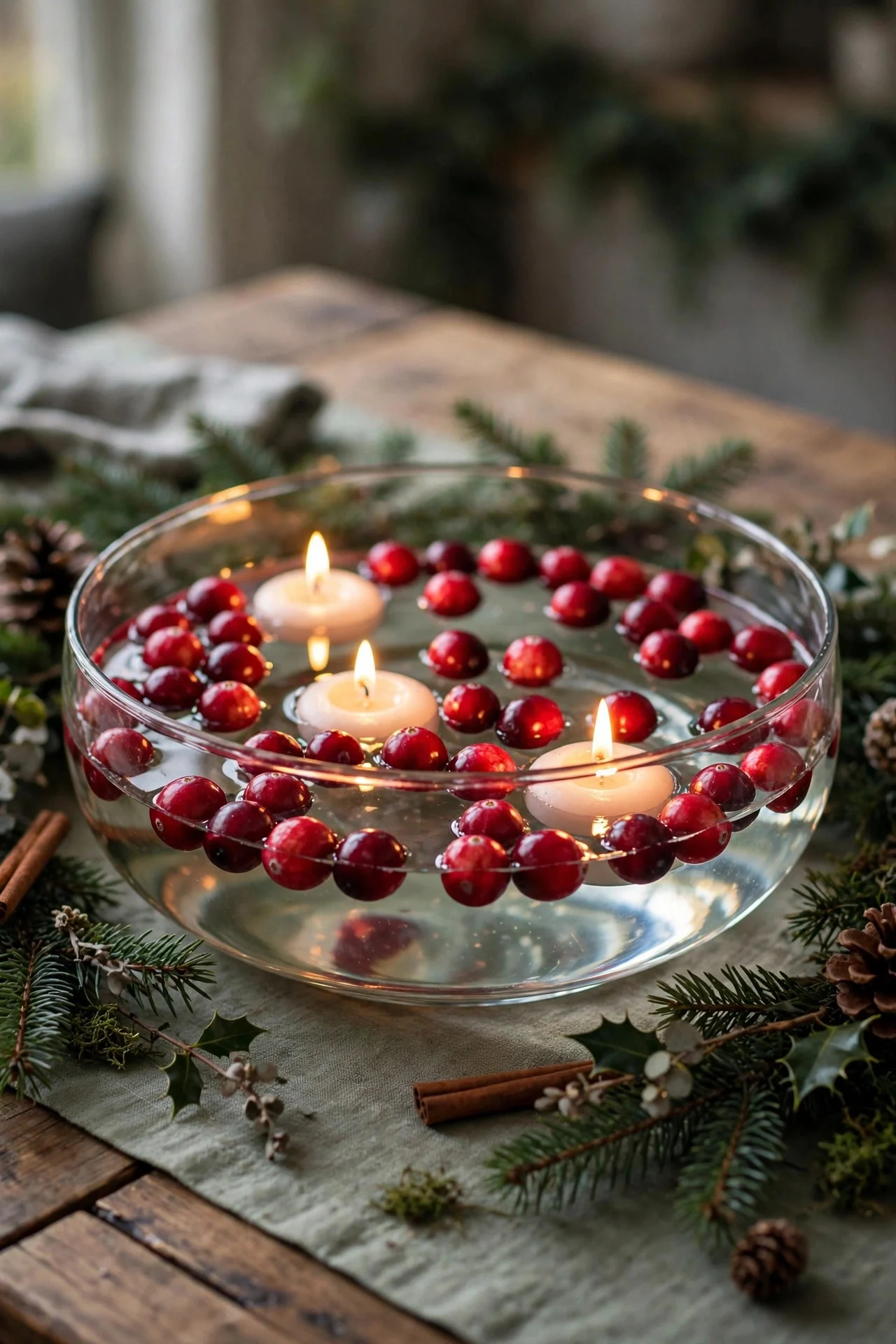 Floating cranberries and candles in glass bowl centerpiece