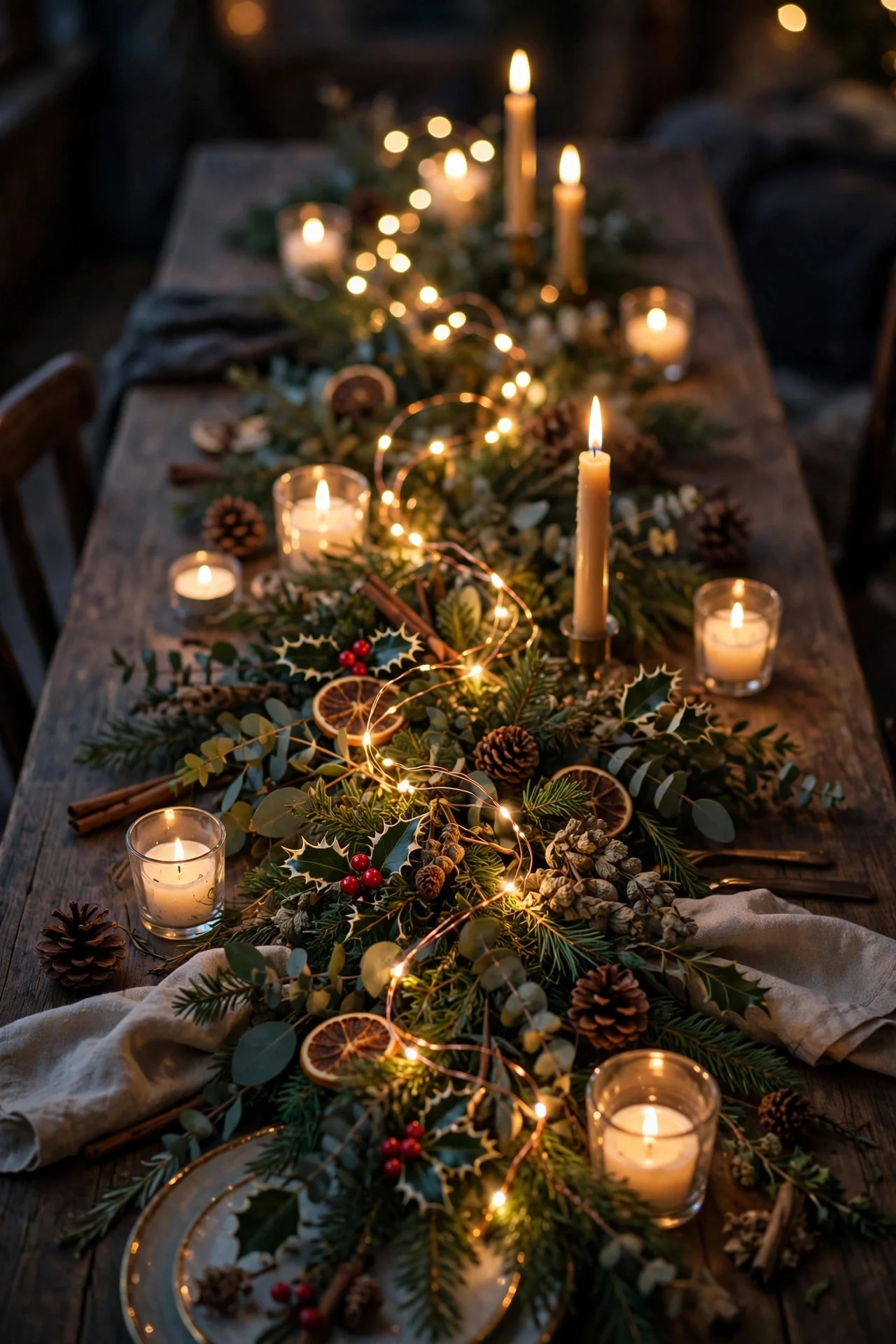 Fairy lights woven down the center of Christmas dinner table