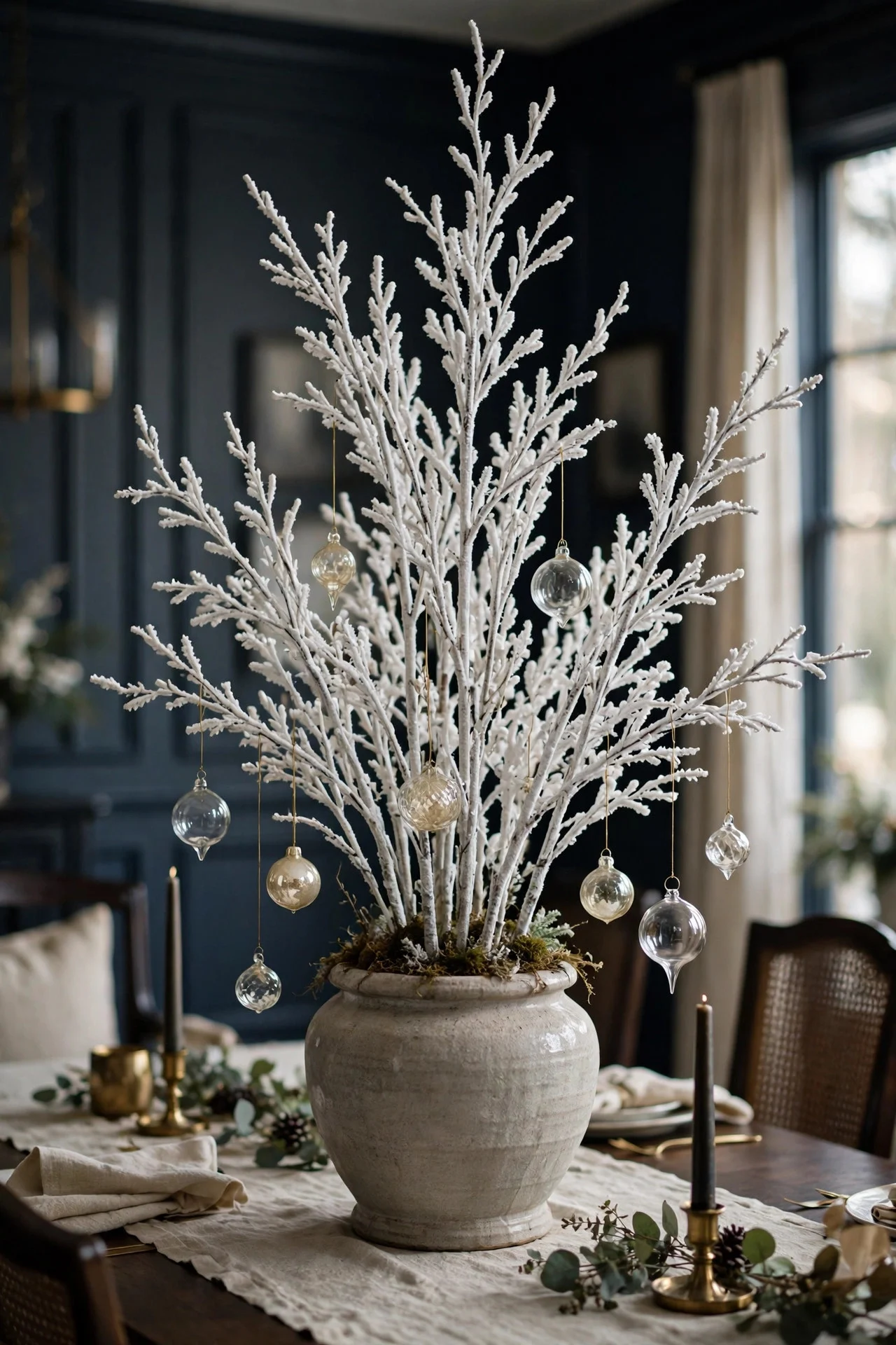 Snowy flocked branches in tall vase as Christmas centerpiece