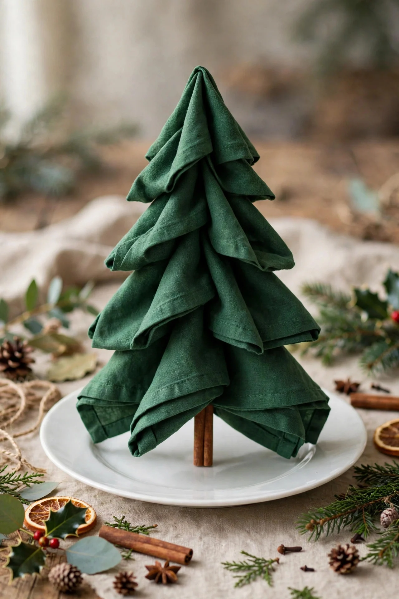 Christmas tree folded napkin on dinner plate