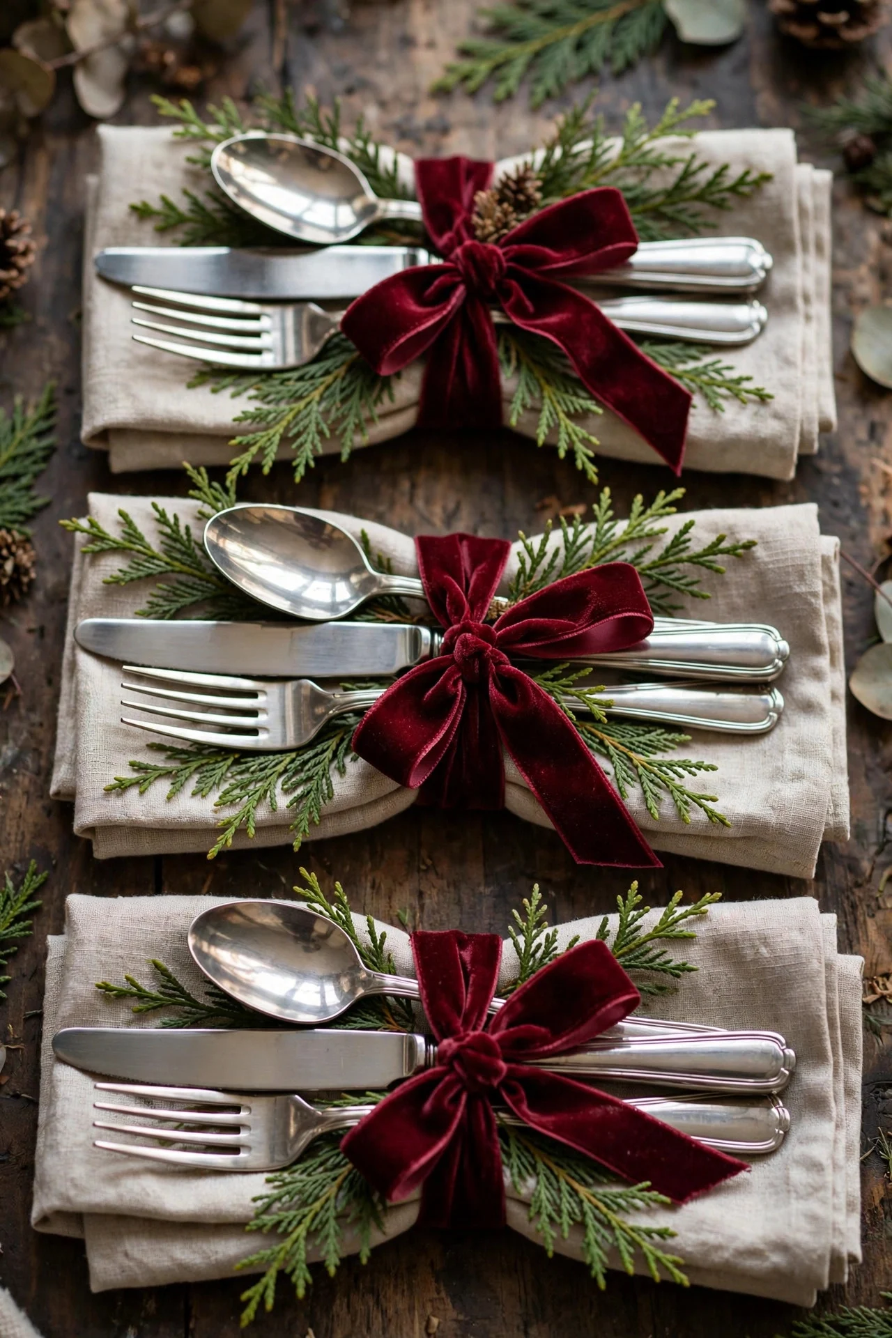 Cutlery bundles tied with velvet ribbon and cedar sprigs