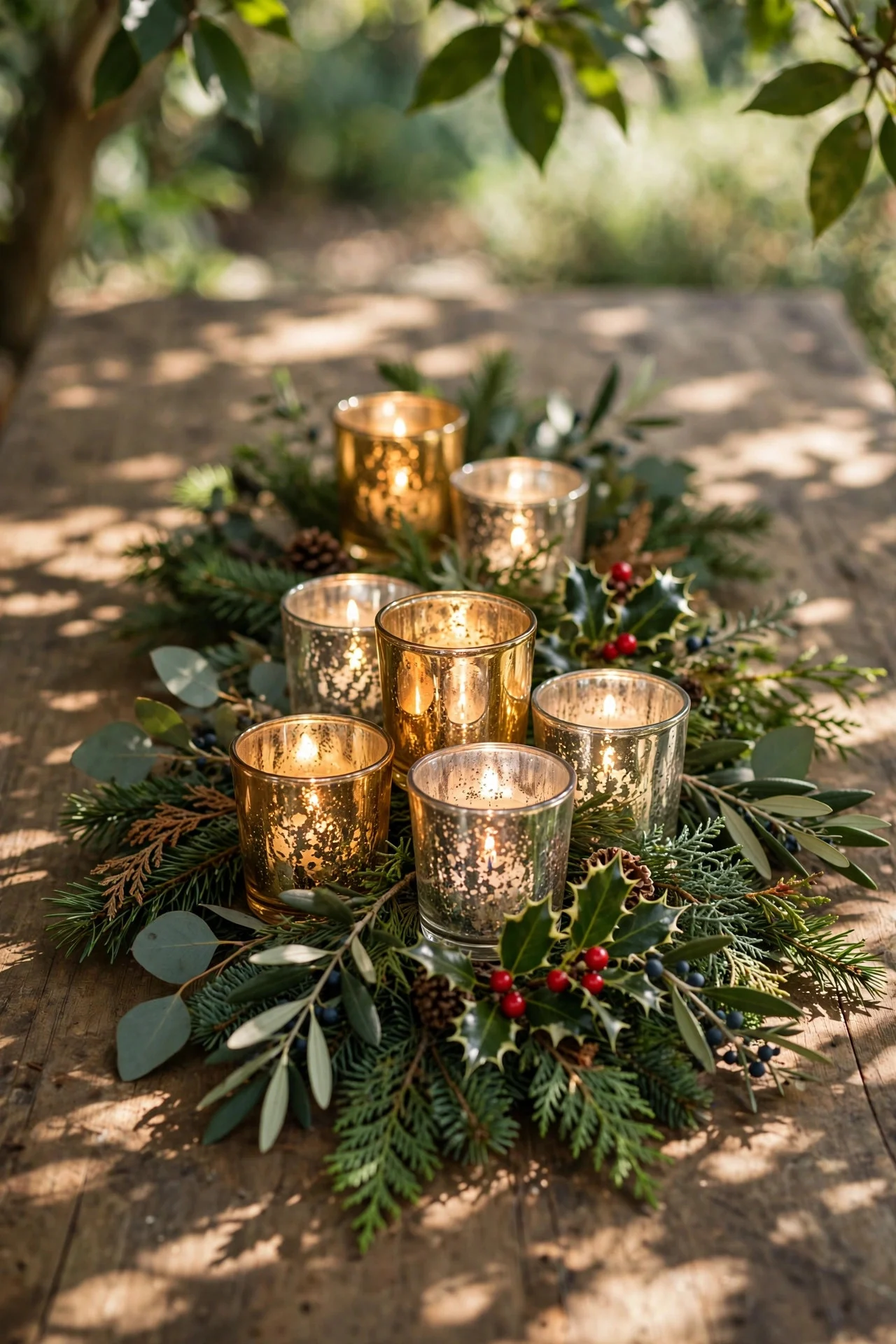 Mercury glass votives glowing down Christmas table center