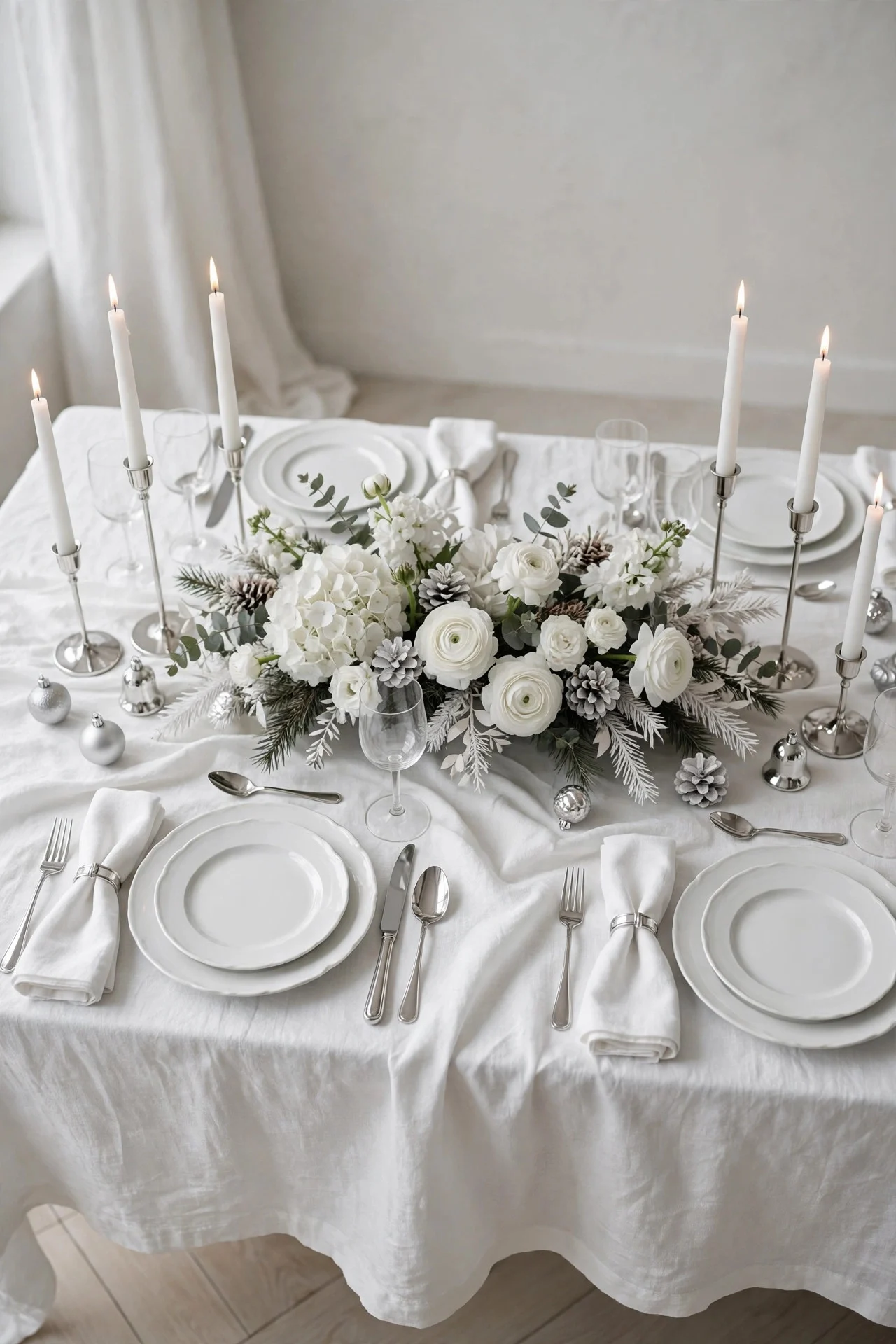 Monochrome white Christmas dinner table setting