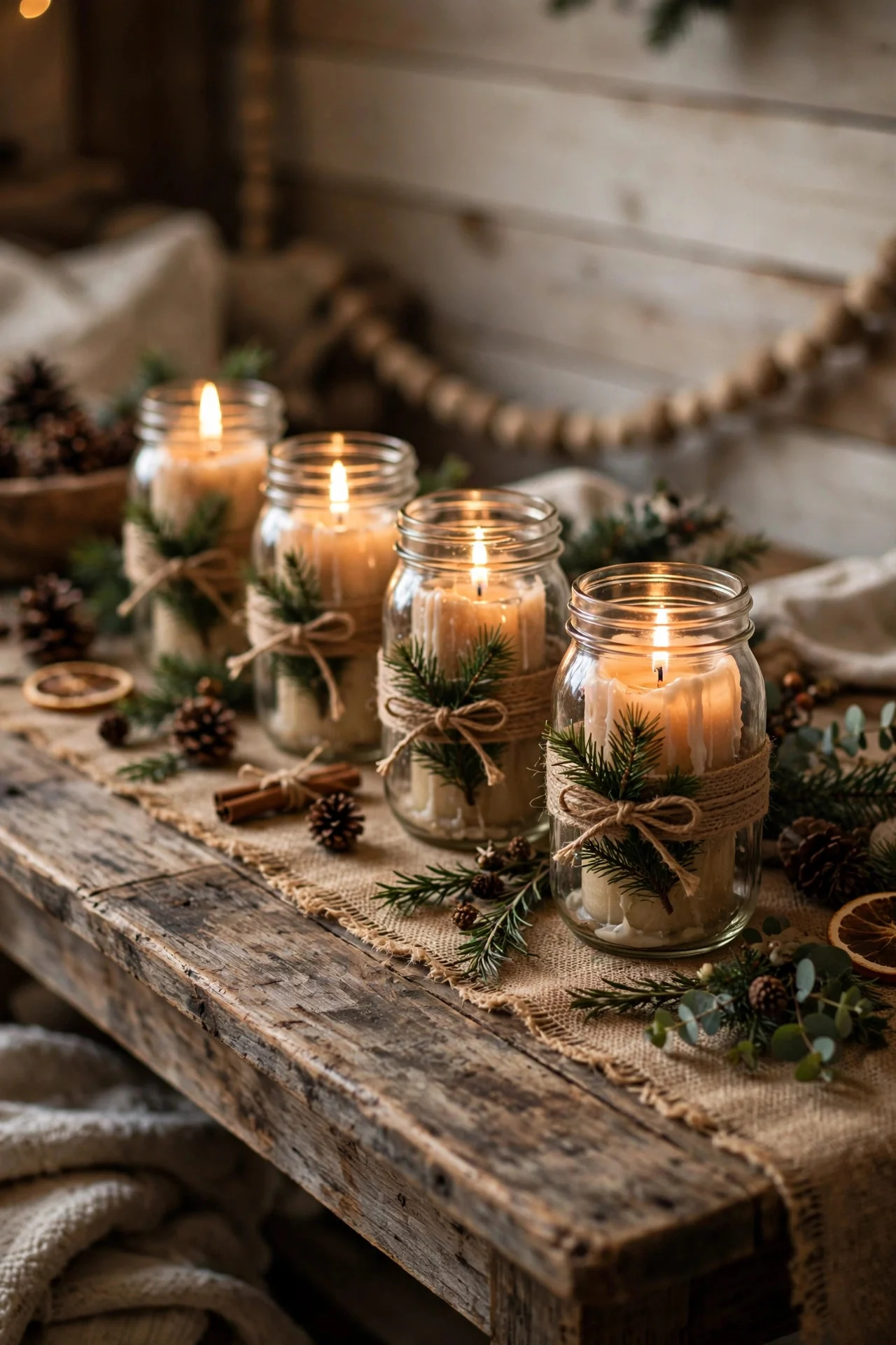 Mason jar candles with twine on rustic Christmas table